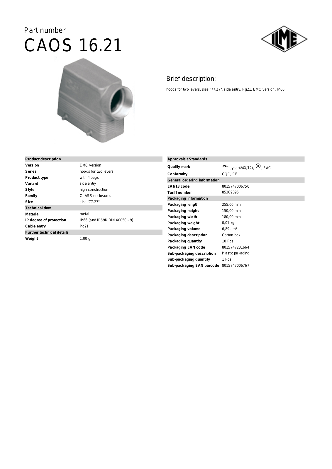 Datasheet CAOS-16.21 Datasheet (ILME) - ManualMachine.com