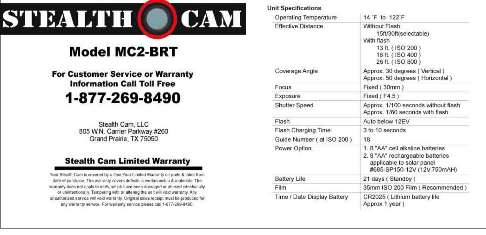 Stealth Cam MC2-BRT Instruction Manual