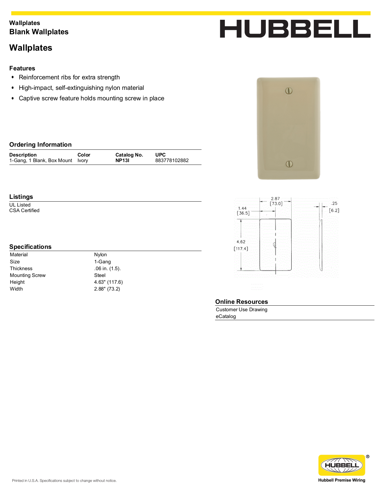 Hubbell NP13I Specifications