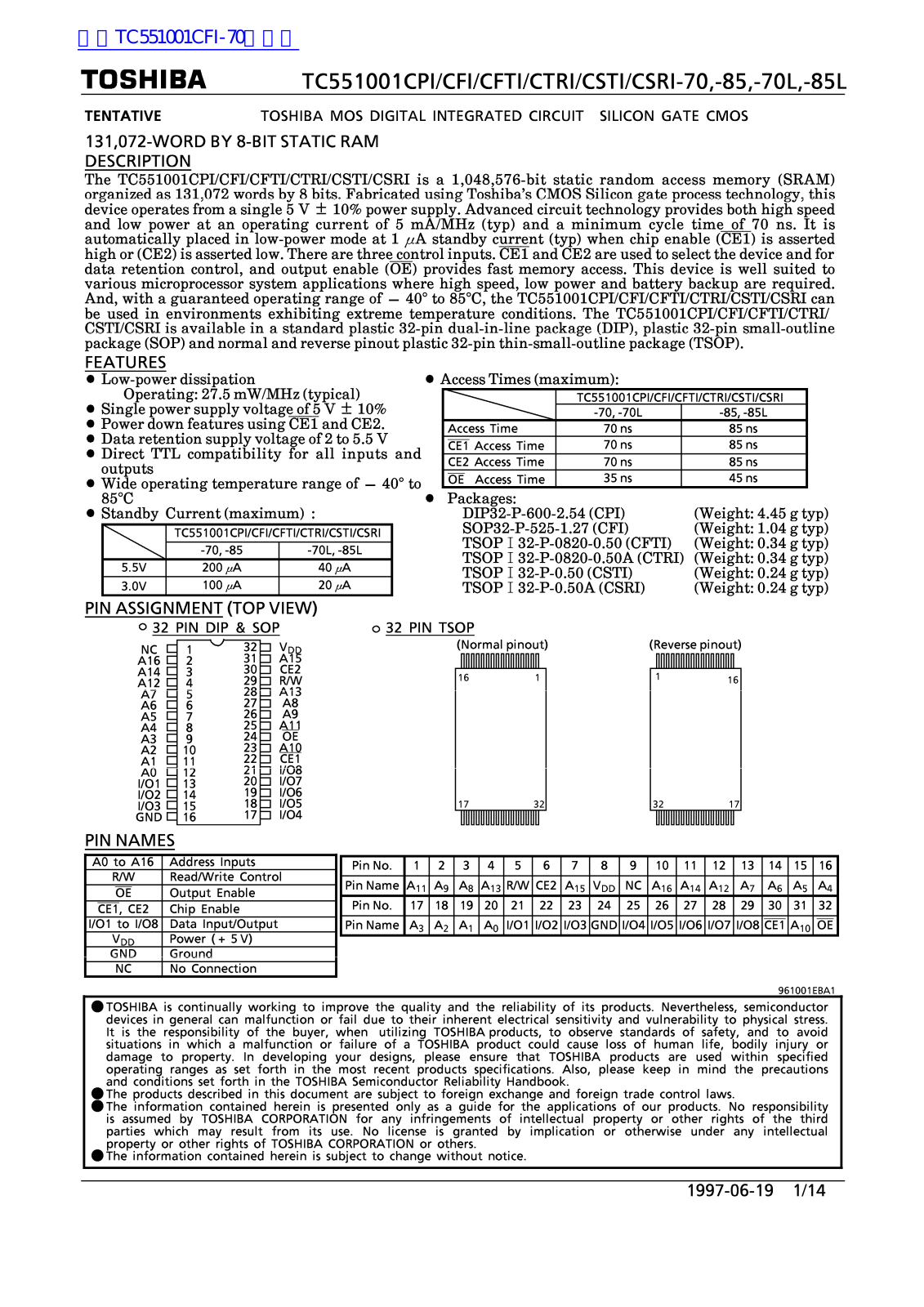 TOSHIBA TC551001CPI-70, TC551001CFTI-70, TC551001CTRI-70, TC551001CSTI-70, TC551001CSRI-70 Technical data