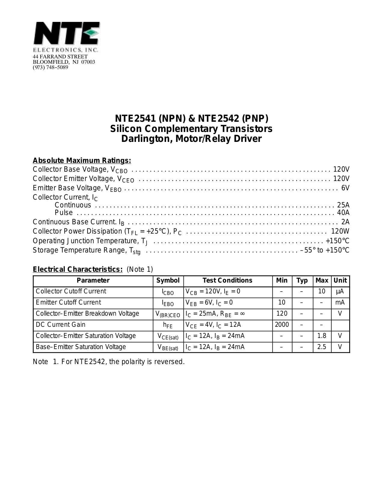 Datasheet NTE2542, NTE2541 Datasheet (NTE) - ManualMachine.com