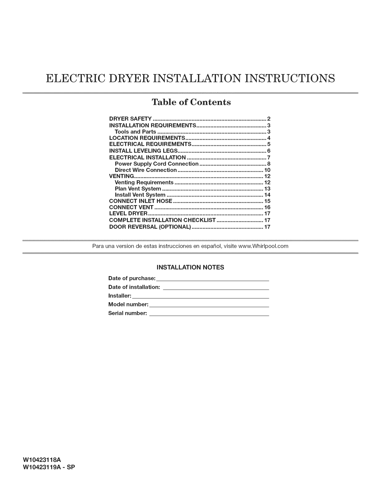 Whirlpool WEL98HEBU0, WED97HEXR2, WED97HEXW2, WED97HEXW3, WED97HEXW4 Installation Guide - ManualMachine.com