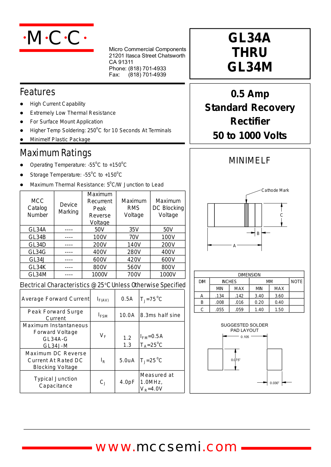 MCC GL34D, GL34B, GL34A, GL34M, GL34K Datasheet