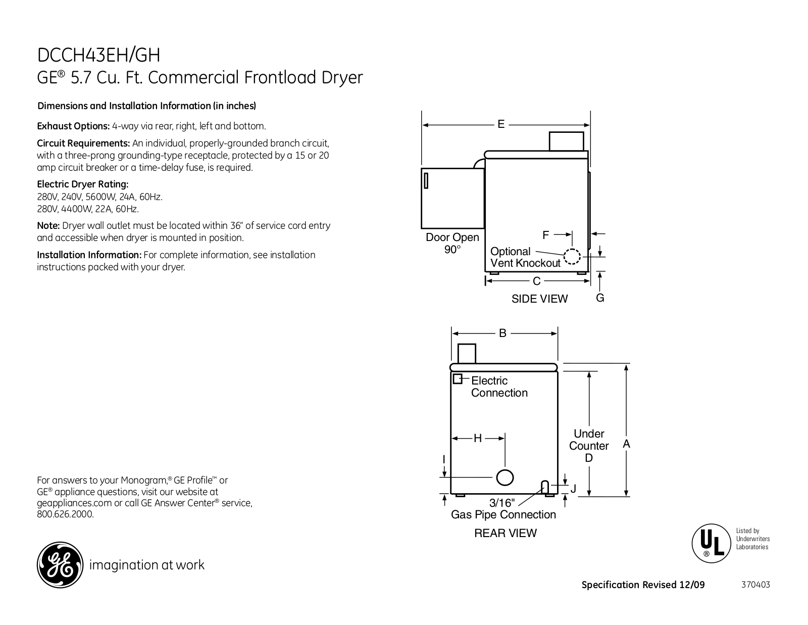 GE DCCH43EH, DCCH43GH Specification