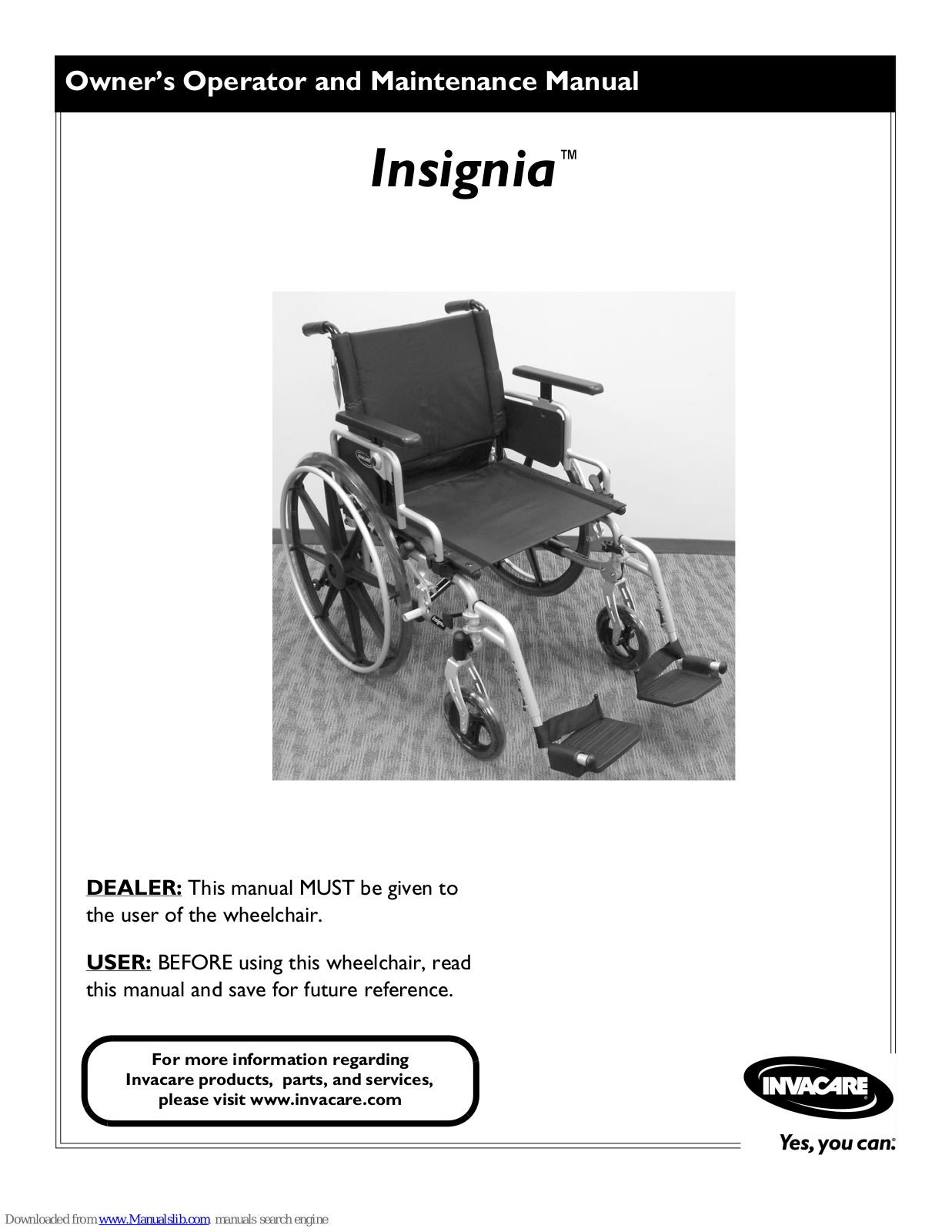 Invacare Insignia Owner's Operator And Maintenance Manual