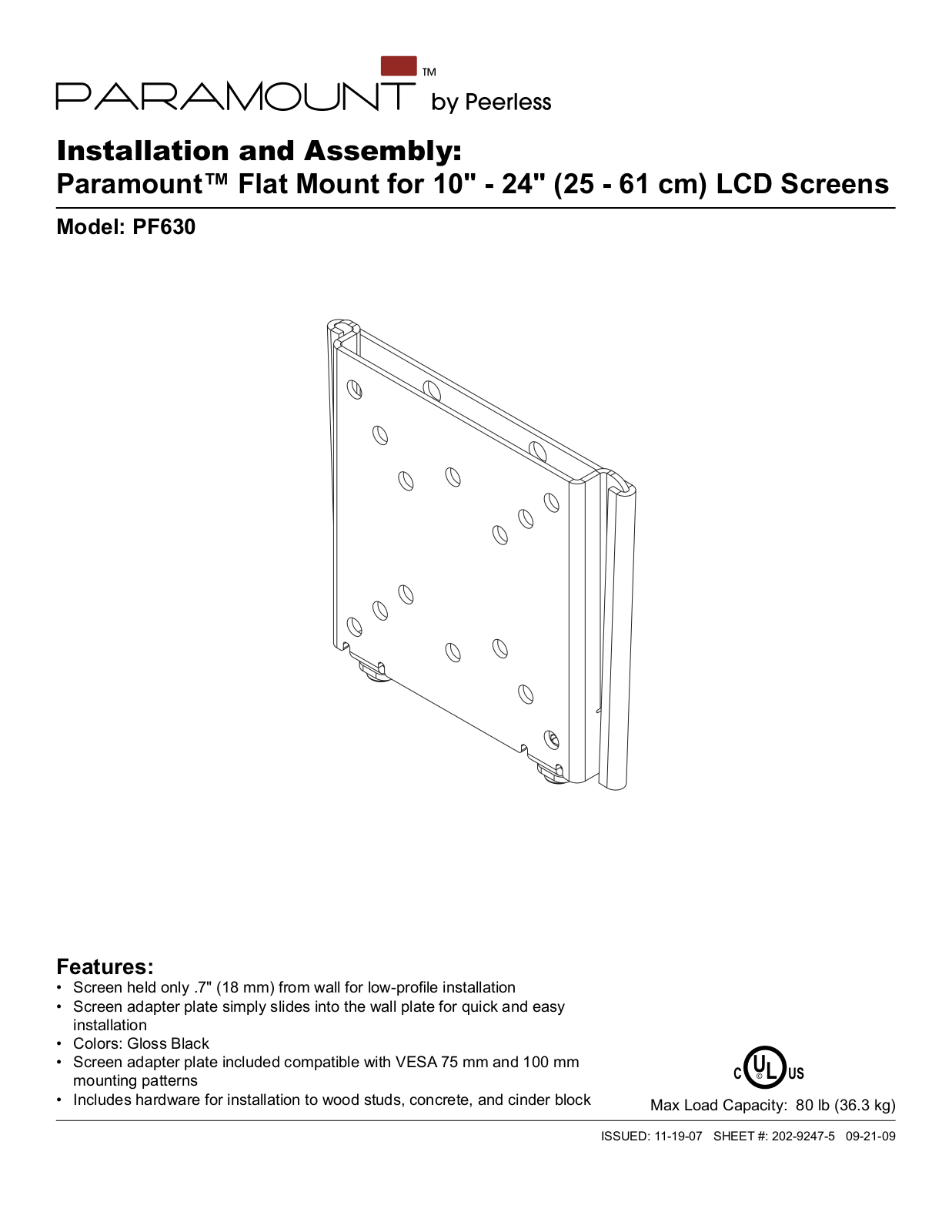 Peerless Industries PF630 User Manual