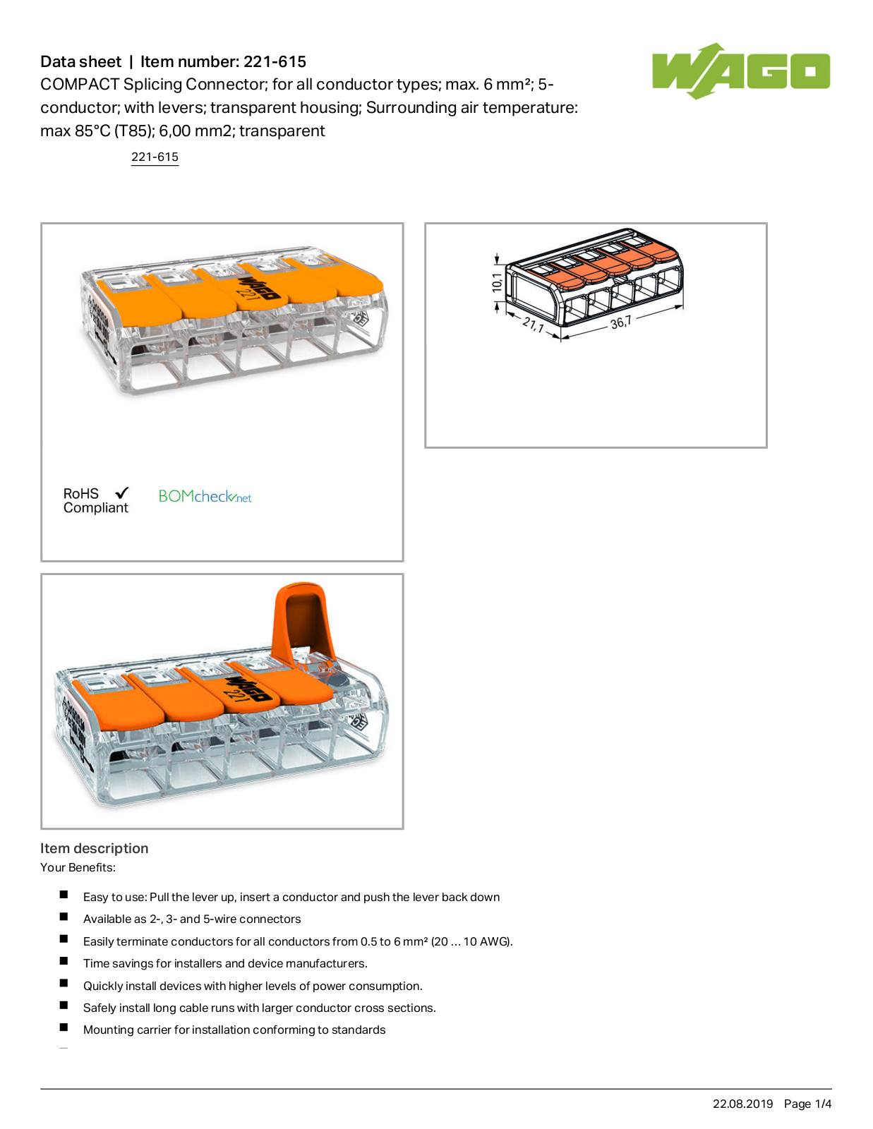 Wago 221-615 Data Sheet