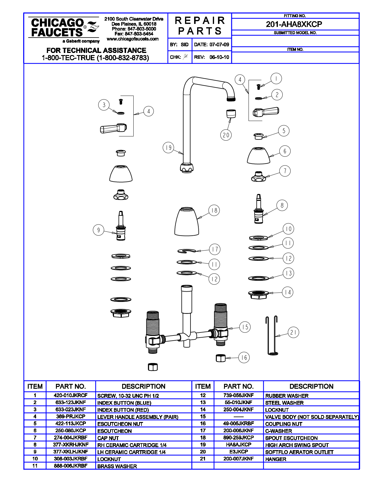 Chicago Faucet 201-AHA8XKCP Parts List