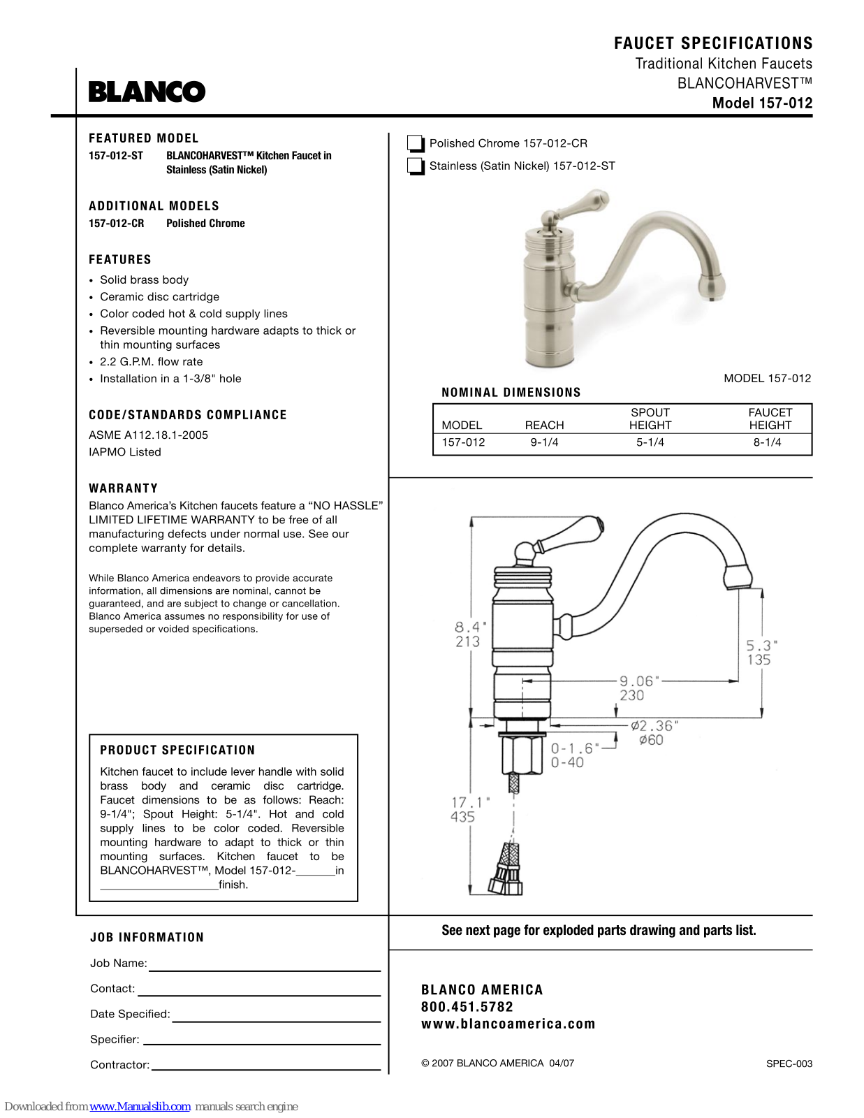 Blanco 157-012-ST, 157-012-CR Specification Sheet