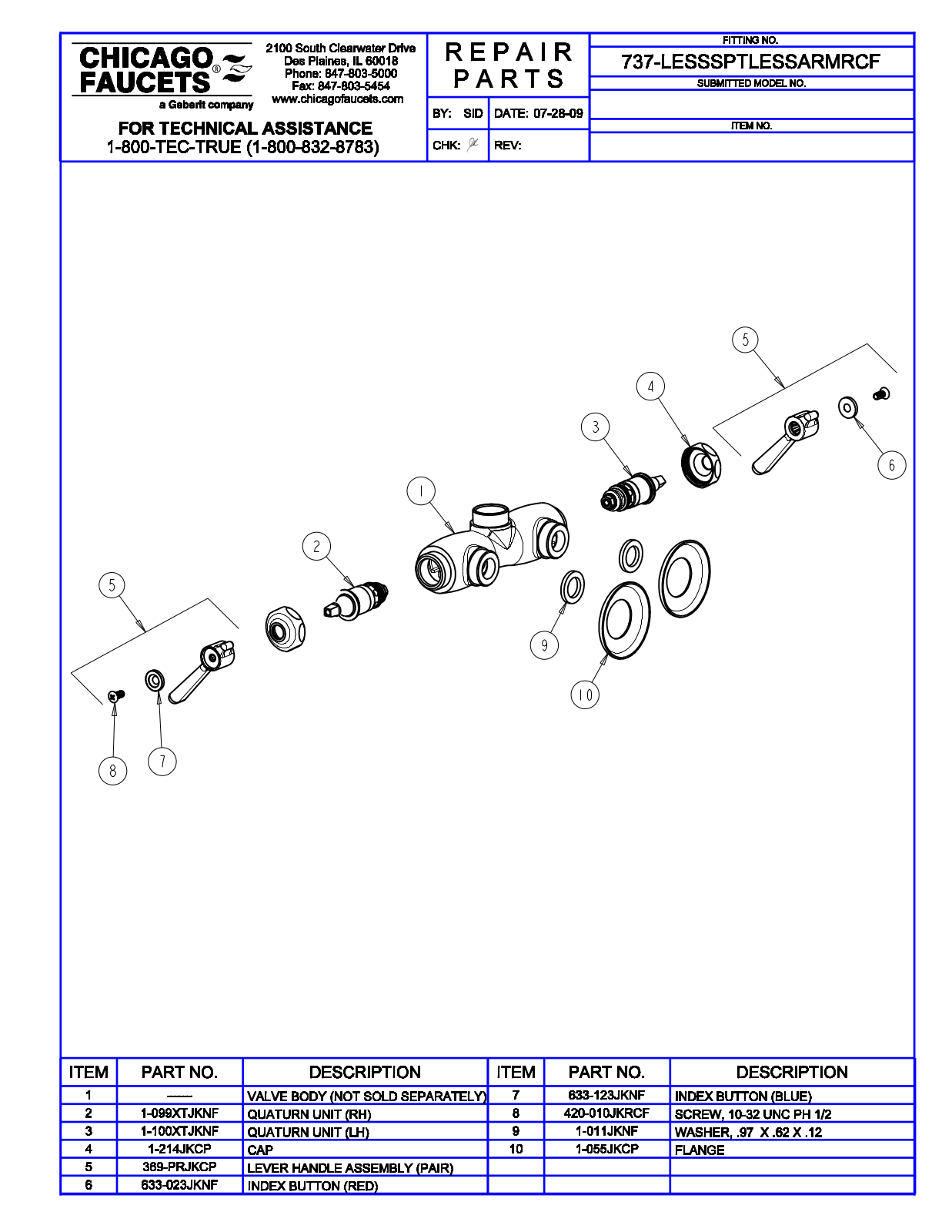 Chicago Faucet 737-LESSSPTLESSARMRCF Parts List