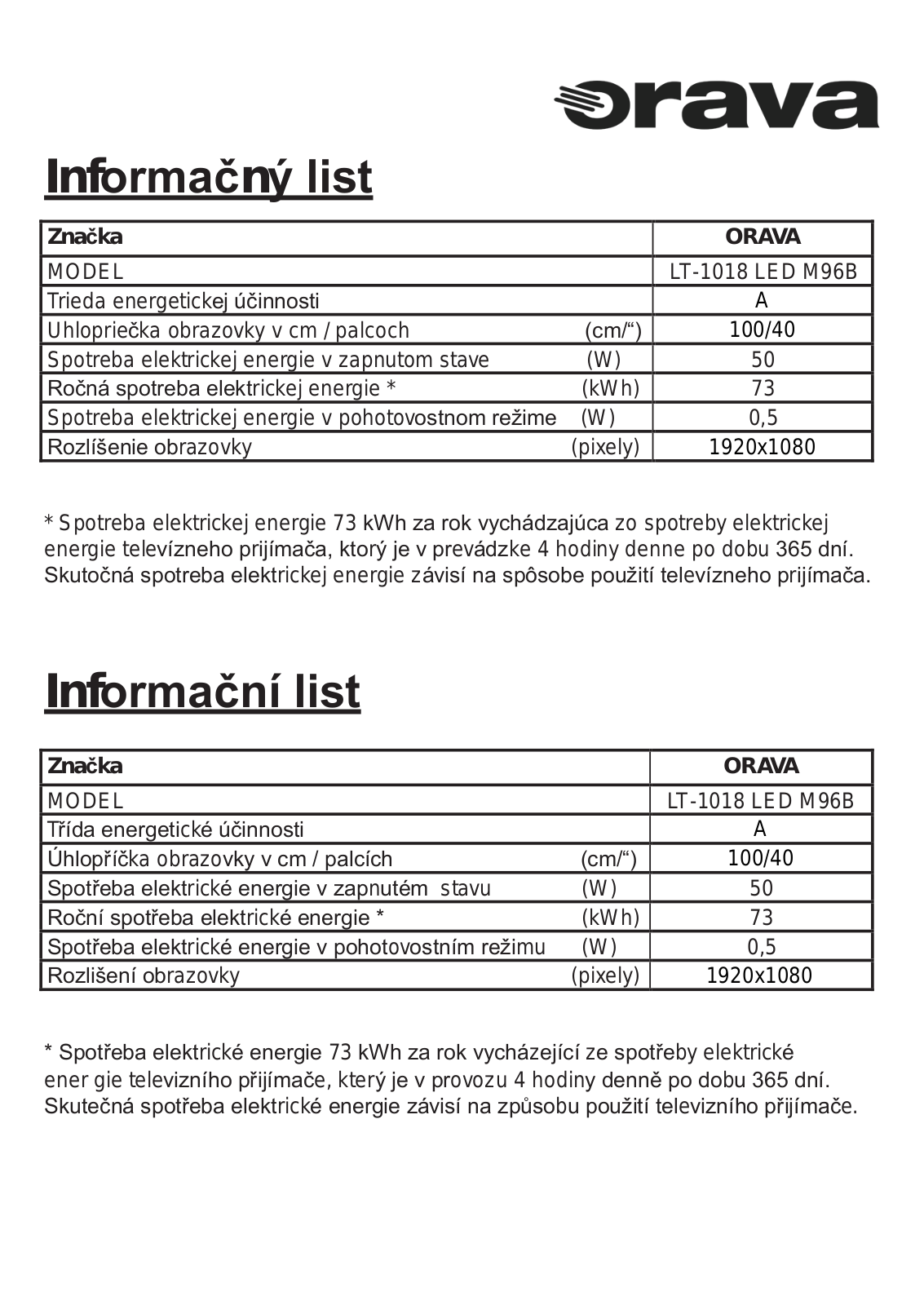 Orava LT-1018 Information sheet