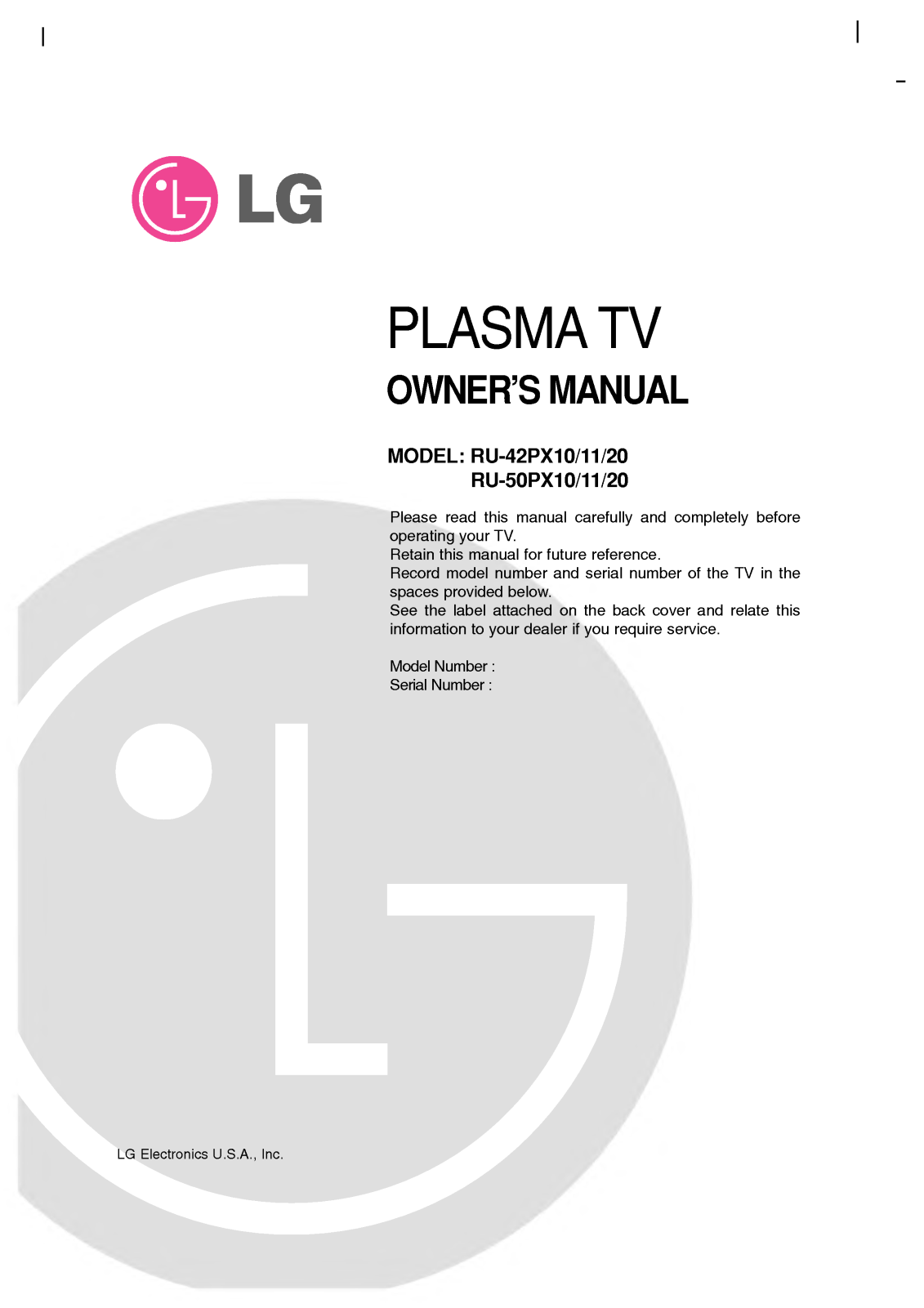 LG RU-42PX11, RU-42PX11H, P42W46X User Manual