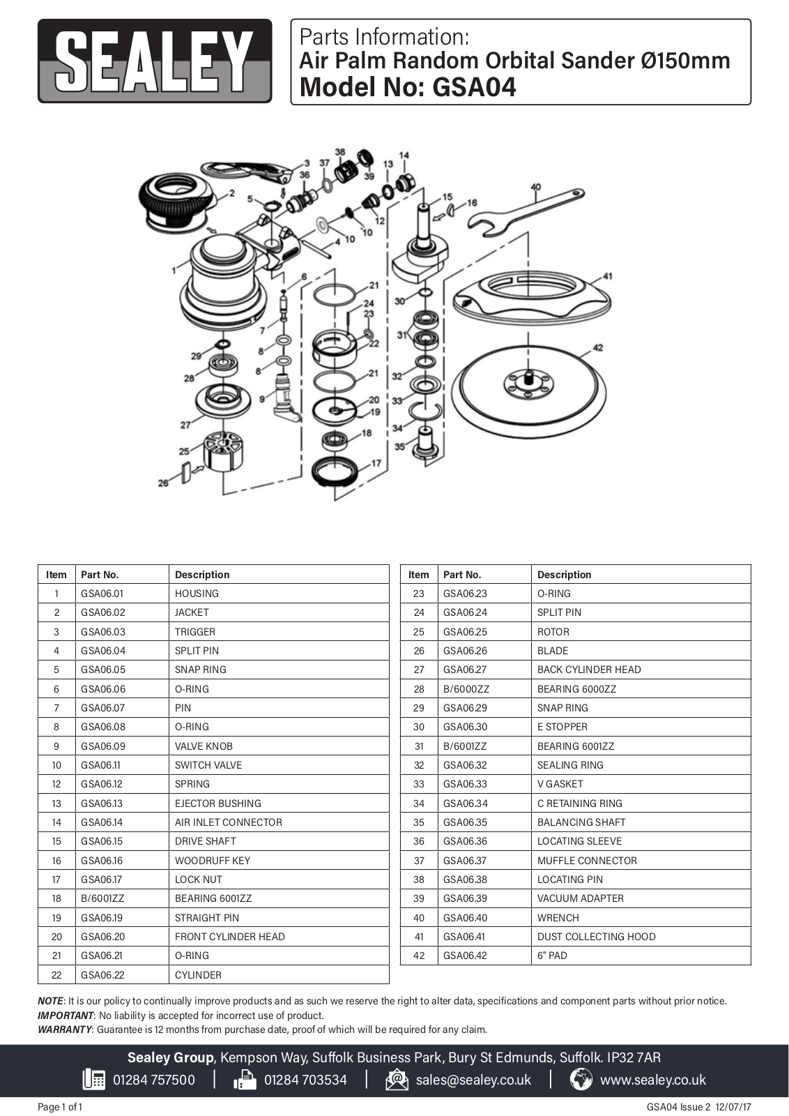Sealey GSA04 Parts Listing