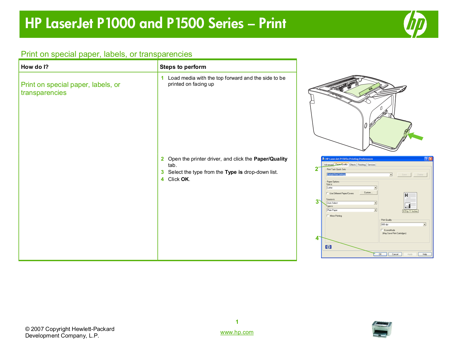 Hp LASERJET P1008, LASERJET P1005 Print on special paper, labels, or transparencies