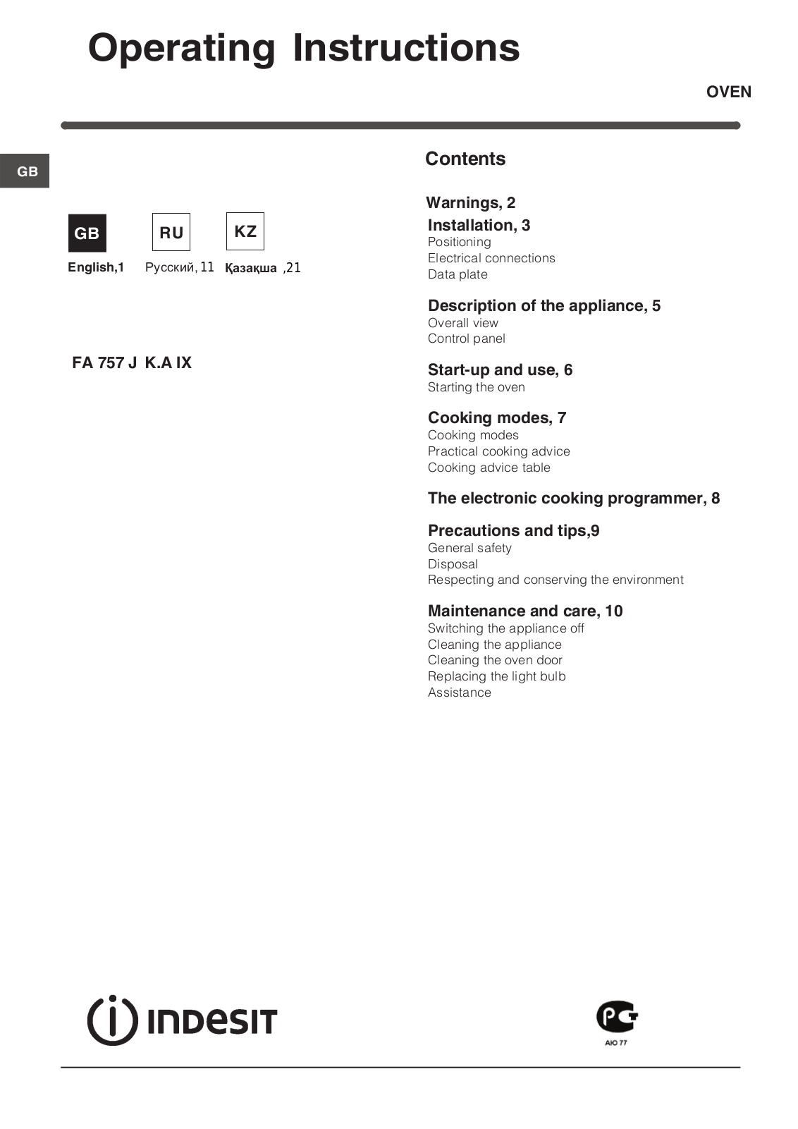 Indesit FA-757-J-K.A-IX User Manual