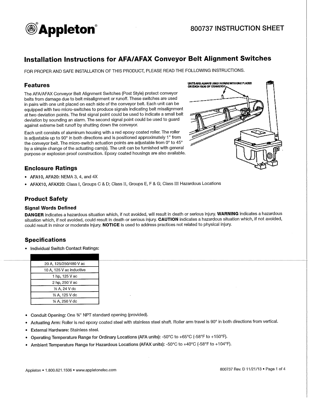 Appleton Instruction Sheet: 800737, Appleton AFA and AFAX Conveyor Belt Alignment Switches Manuals & Guides