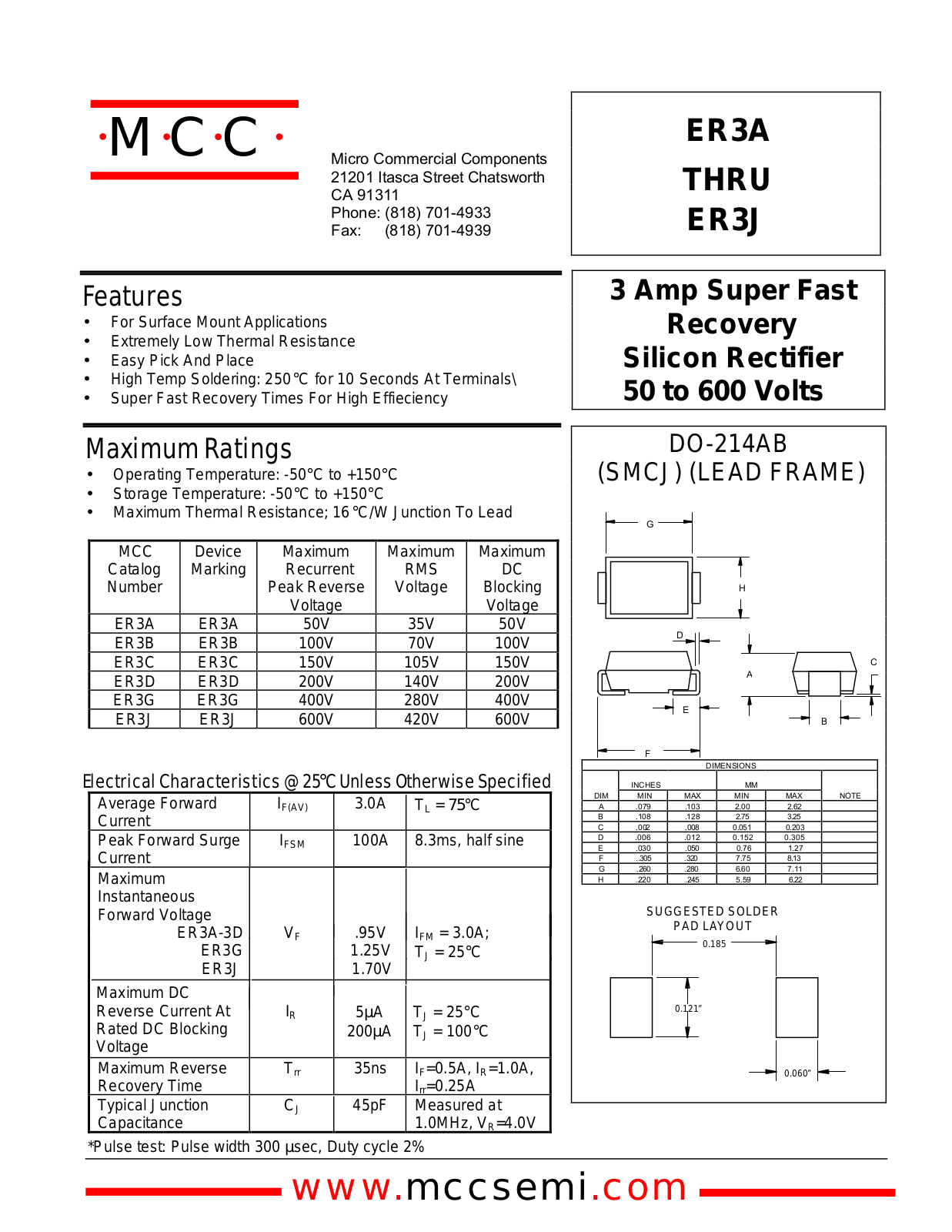 MCC ER3J, ER3G, ER3D, ER3C, ER3B Datasheet