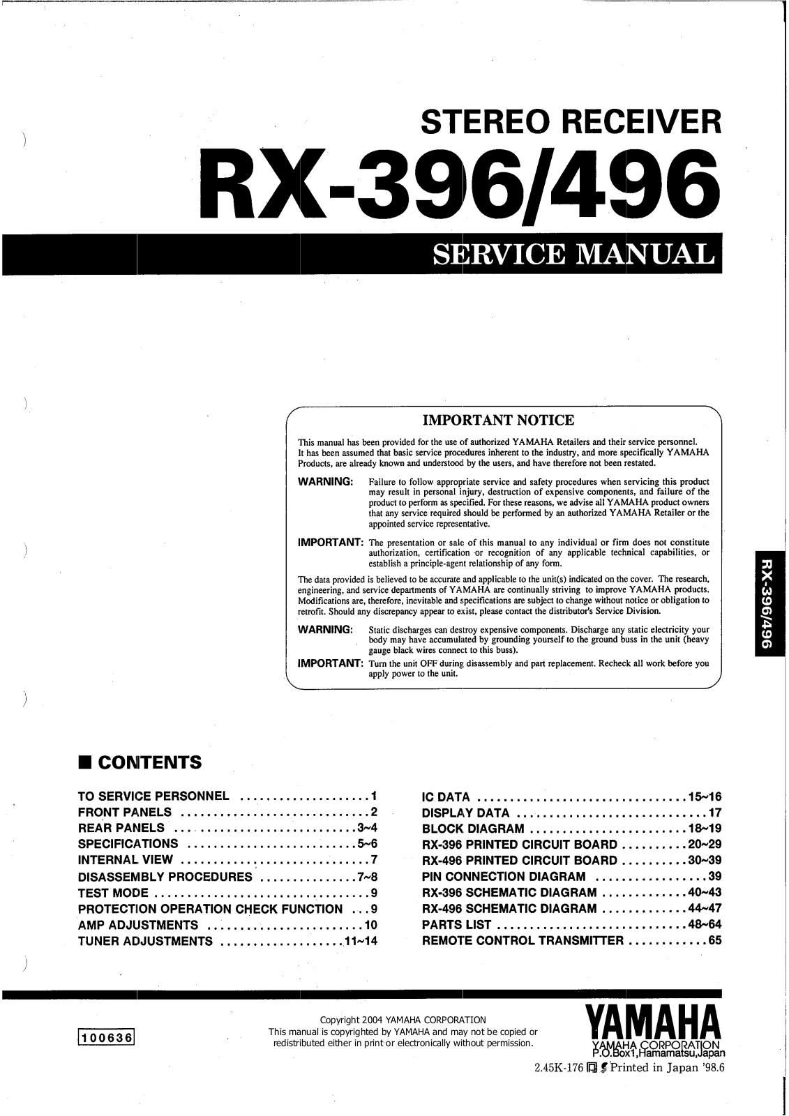 Yamaha RX-396, RX-496 Service manual