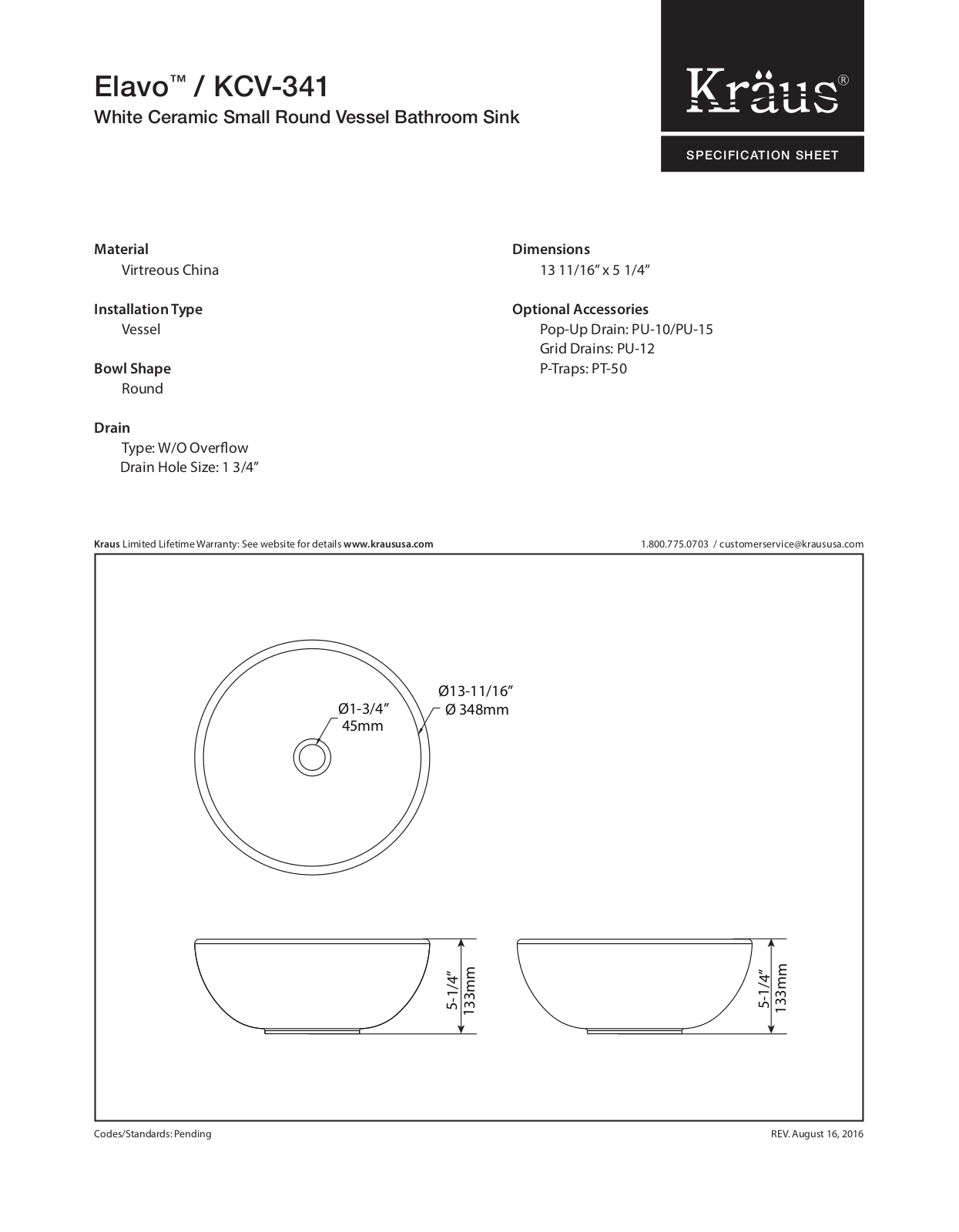 Kraus CKCV3411200SFS, CKCV3411200CH, CKCV3411200MB, CKCV3411200ORB Specifications