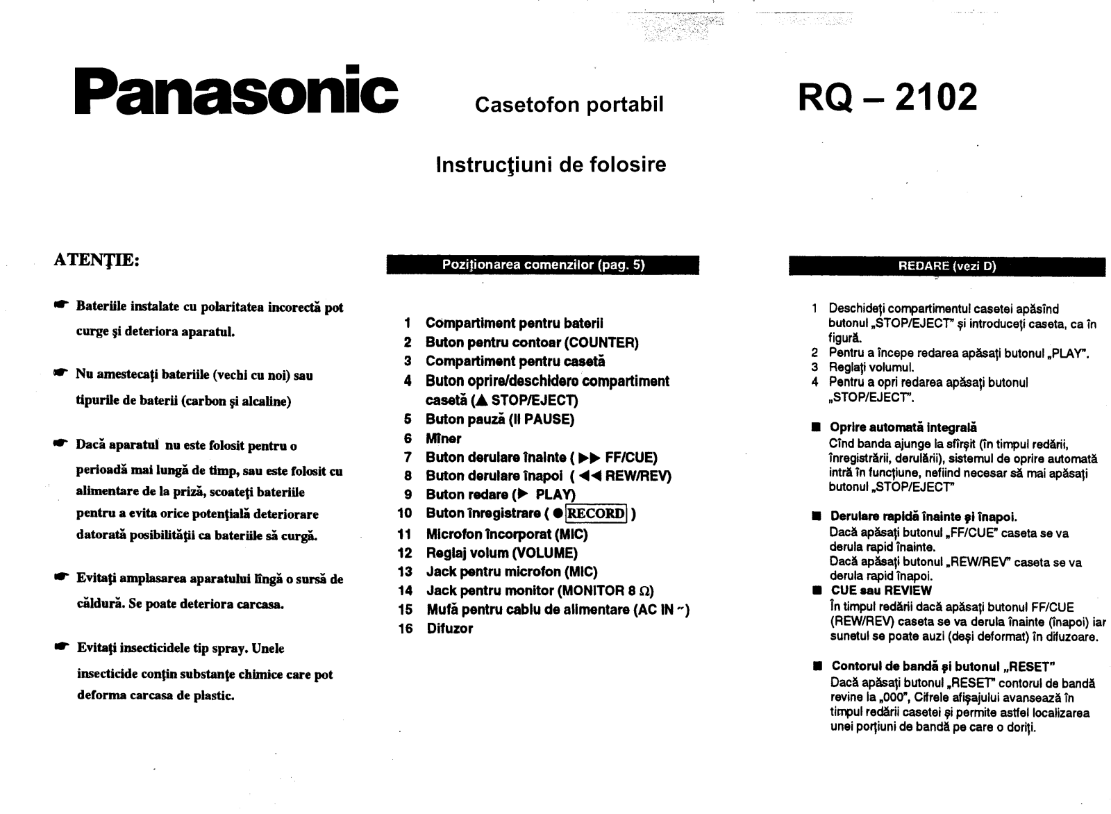 Panasonic RQ-2102 Instructions Manual