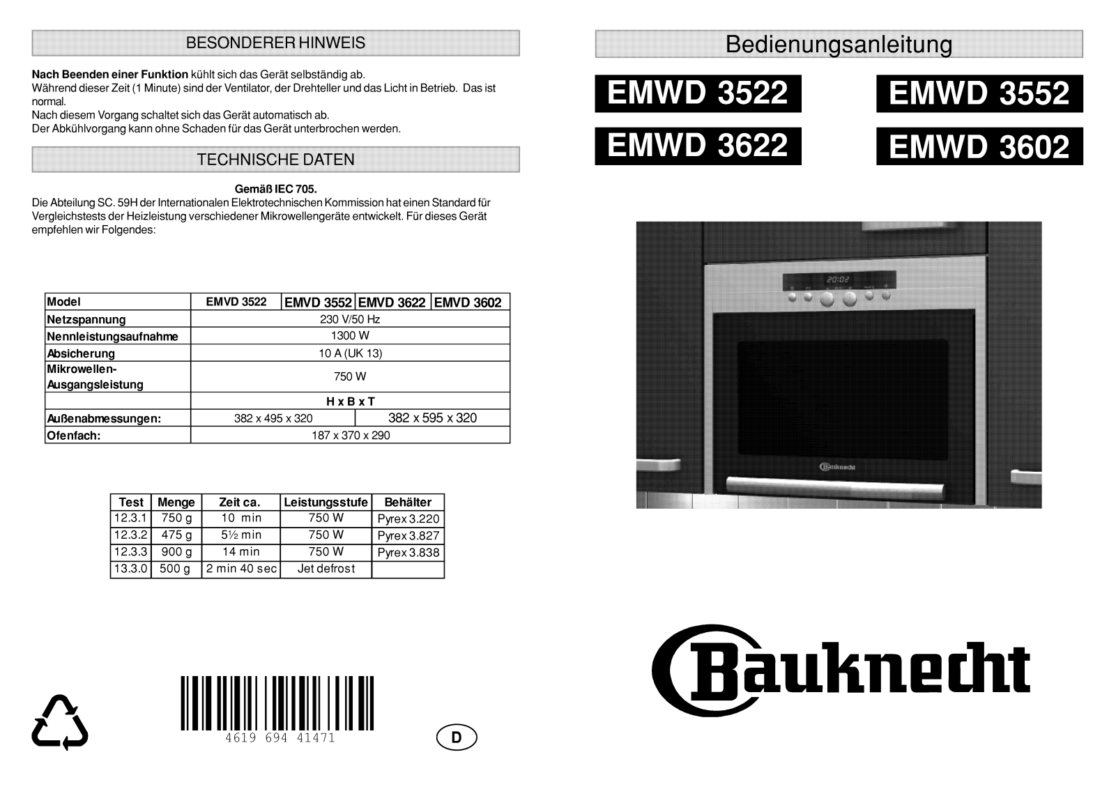 Whirlpool EMWD 3522, EMWD 3522 AL /UK, EMWD 3622 User Manual