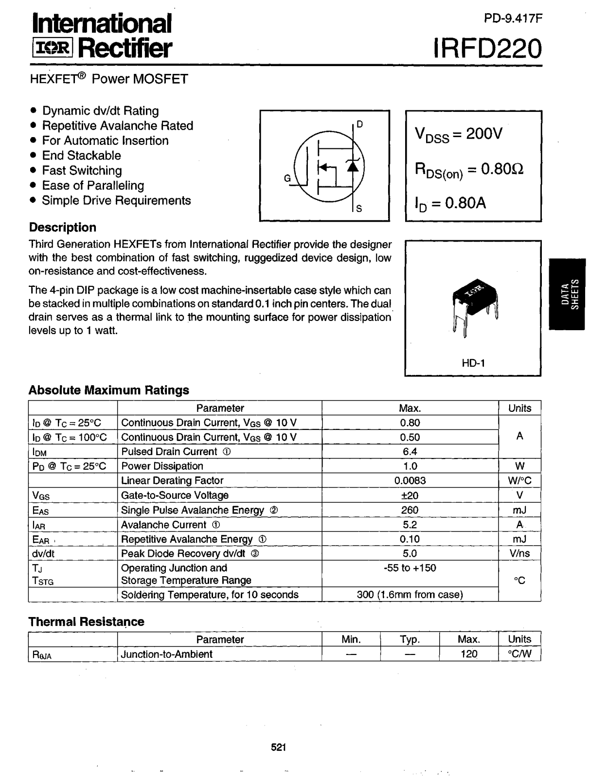 International Rectifier IRFD220 Datasheet