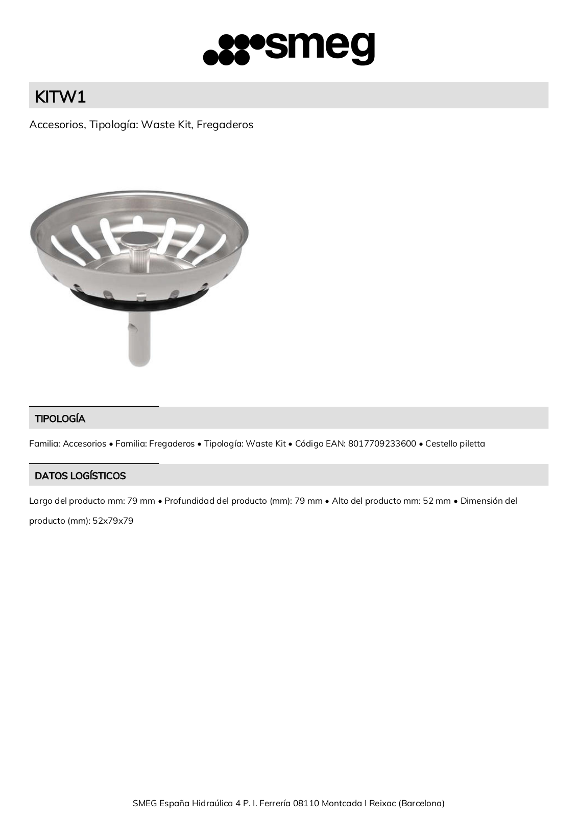 Smeg KITW1 Product Information Sheet