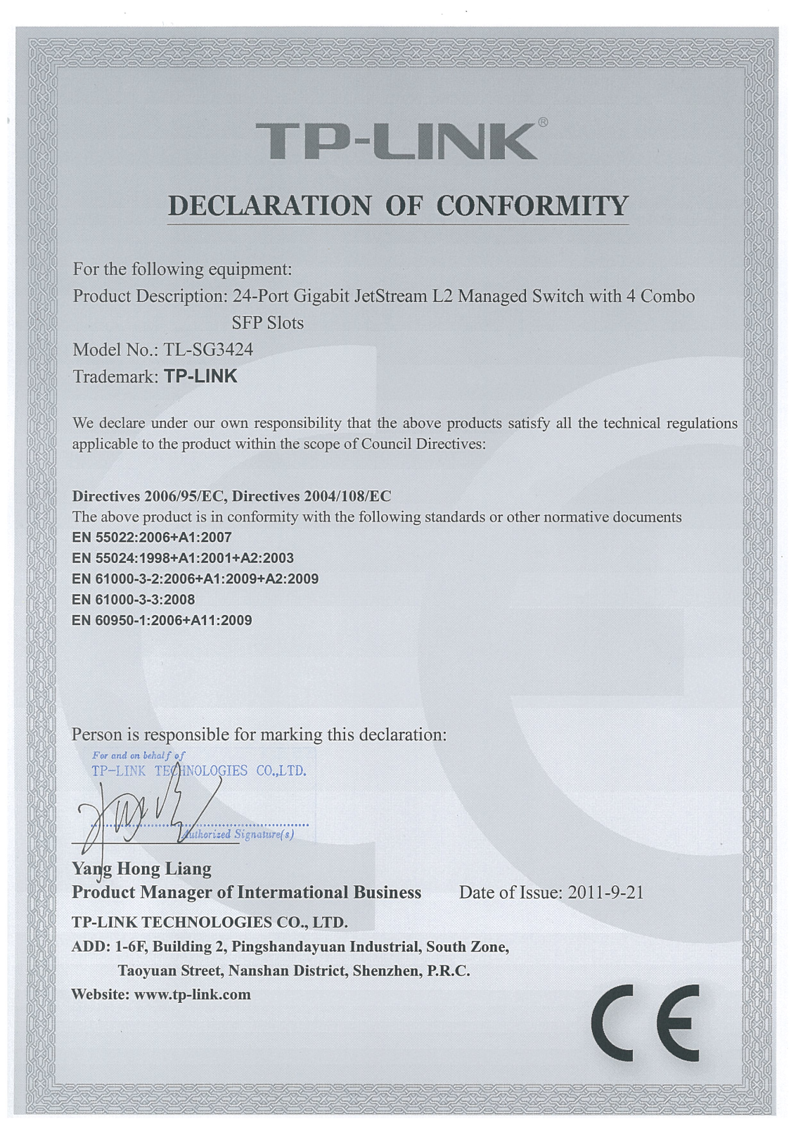 TP-Link TL-SG3424 Declaration of Conformity