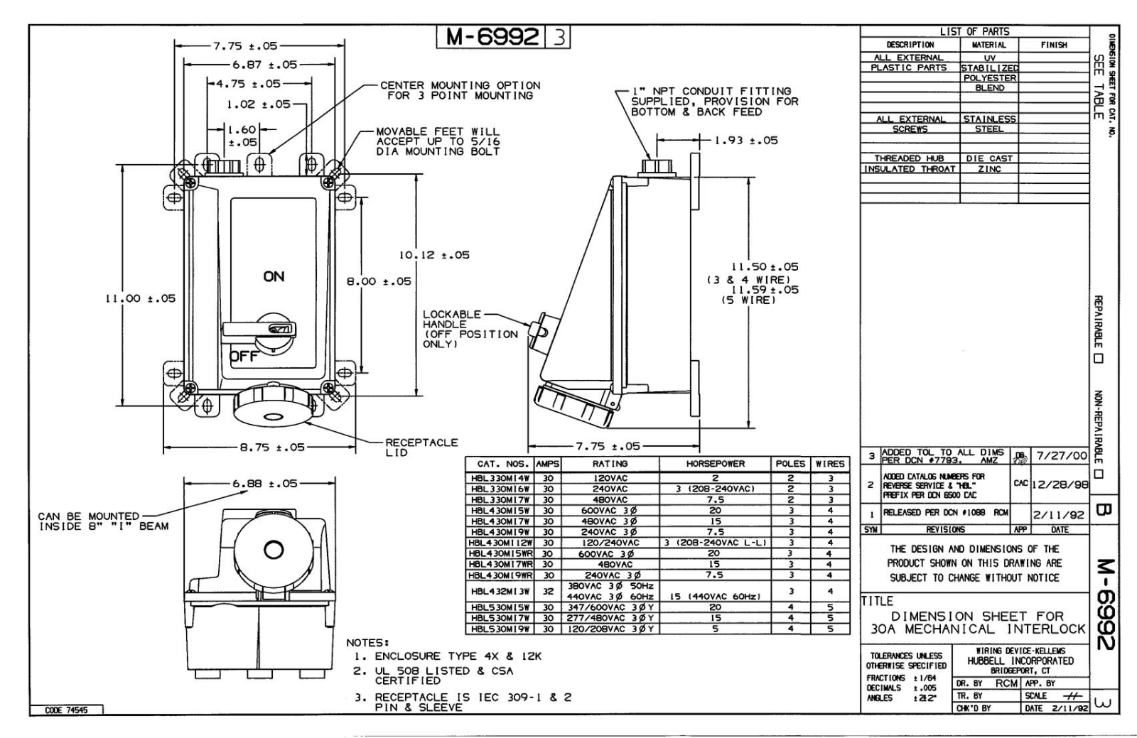 Hubbell HBL430MI12W Reference Drawing