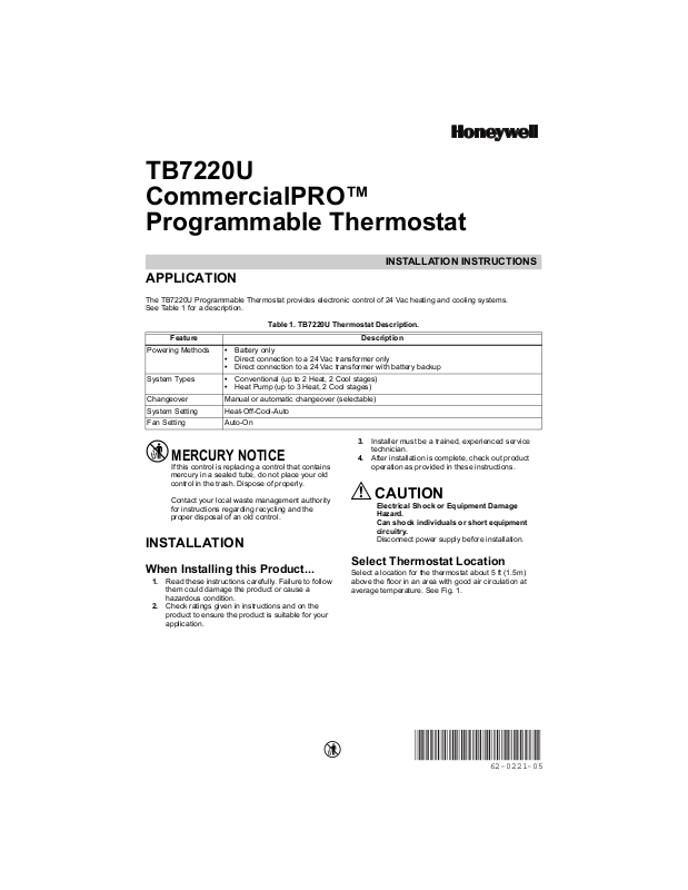 Honeywell Tb7220u User Manual 5660