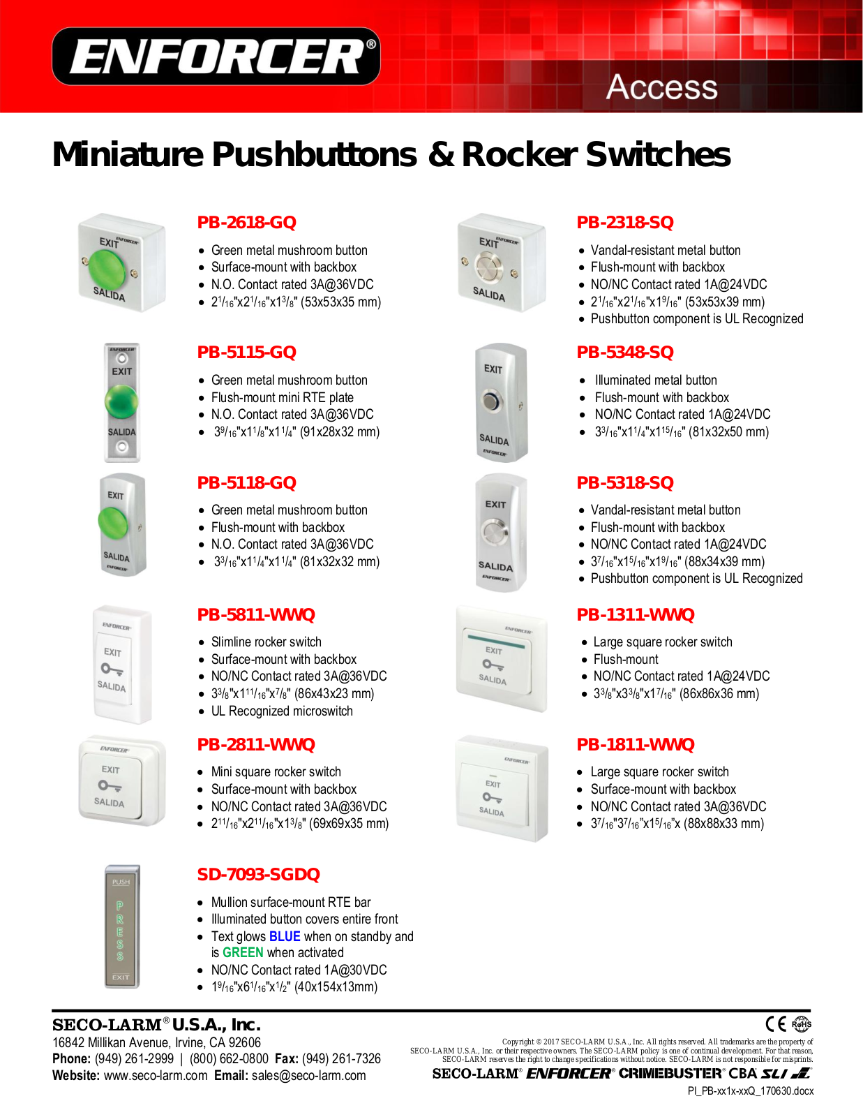 Seco-Larm PB-1311-WWQ, PB-2318-SQ, PB-2618-GQ, PB-5115-GQ, PB-5118-GQ Specsheet