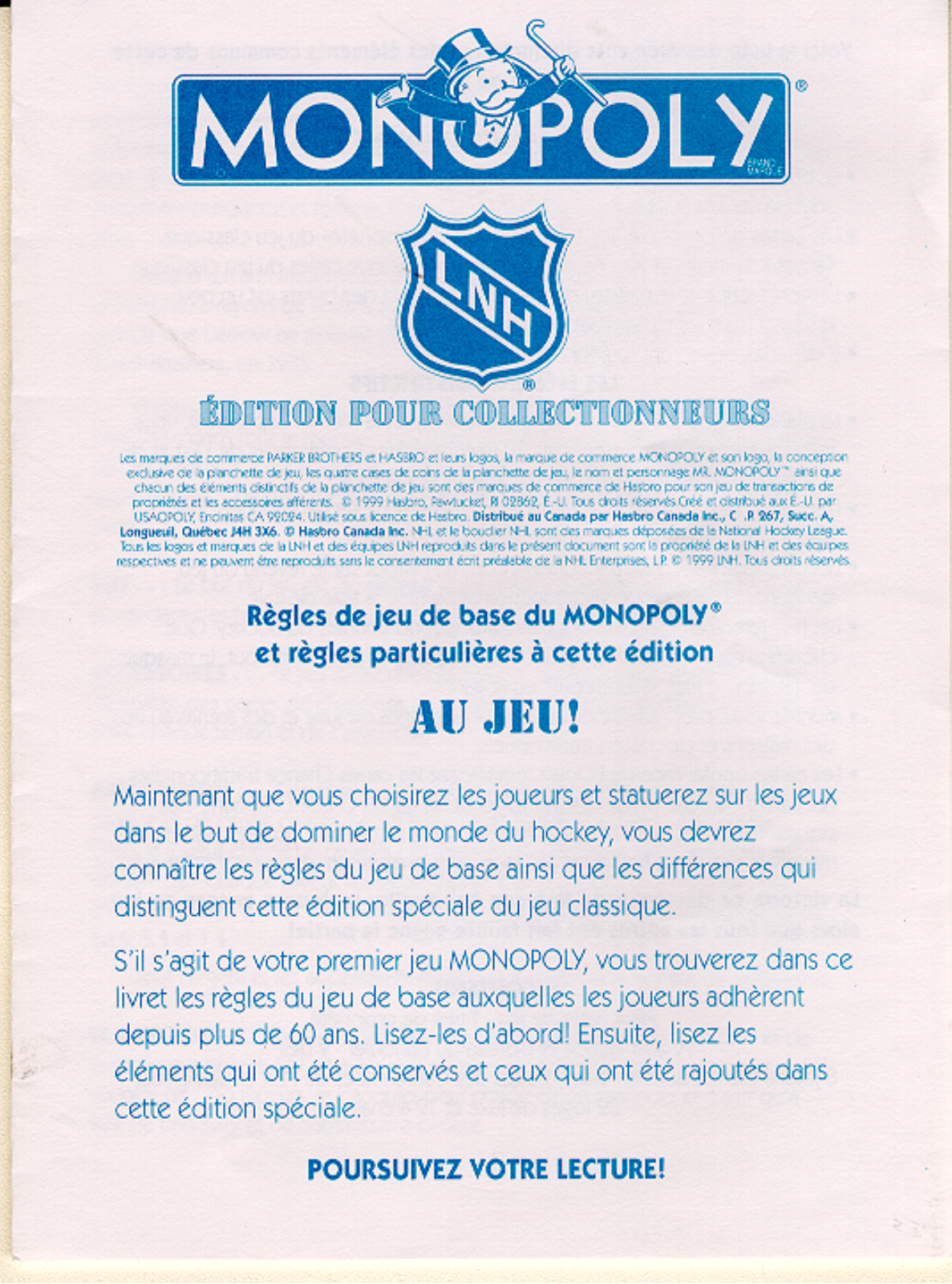 HASBRO Monopoly NHL User Manual