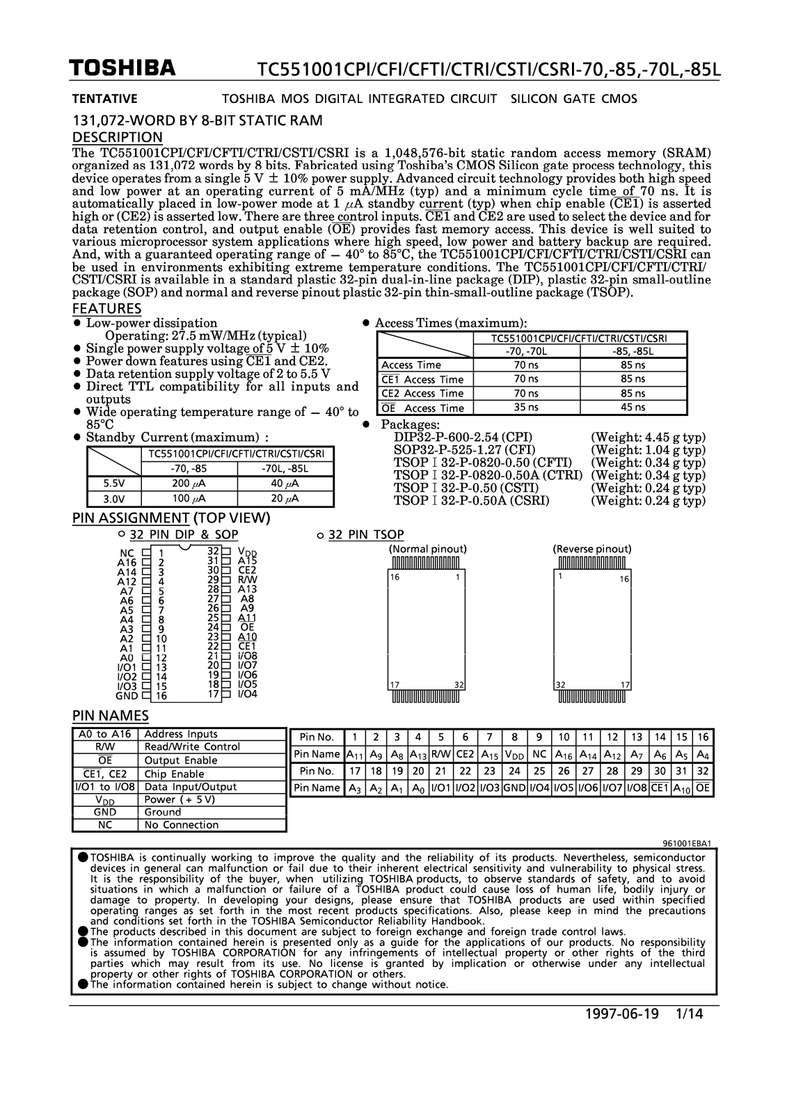 Toshiba TC551001CFI-70, TC551001CPI-85L, TC551001CSRI-85L, TC551001CPI-70L Datasheet