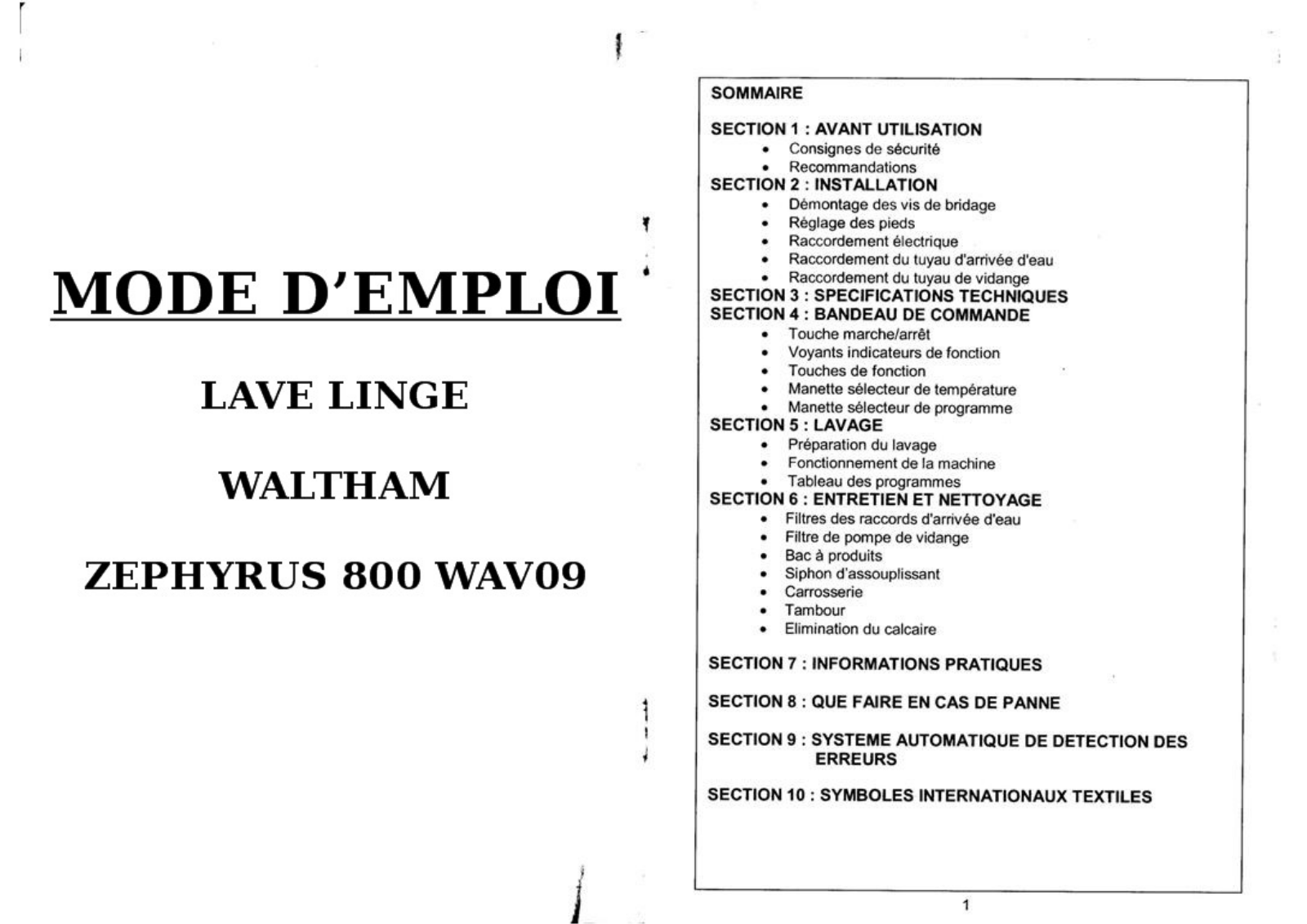 WALTHAM ZEPHYRUS 800 WAV09 User Manual