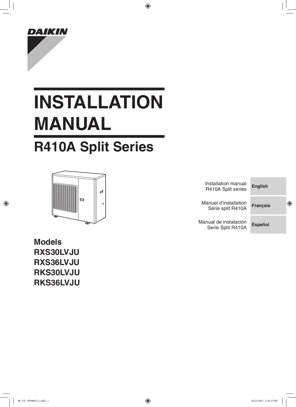 DAIKIN RXS30LVJU, RXS36LVJU, RKS30LVJU, RKS36LVJU Installation Manual