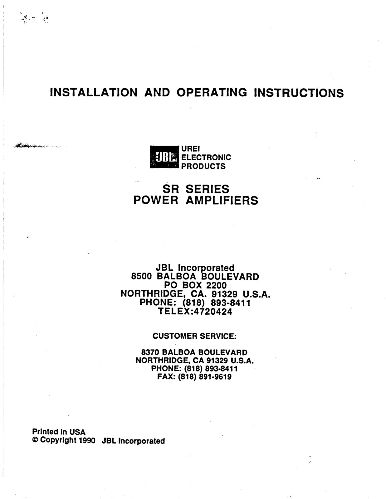 JBL SR POWER AMPLIFIERS User Manual