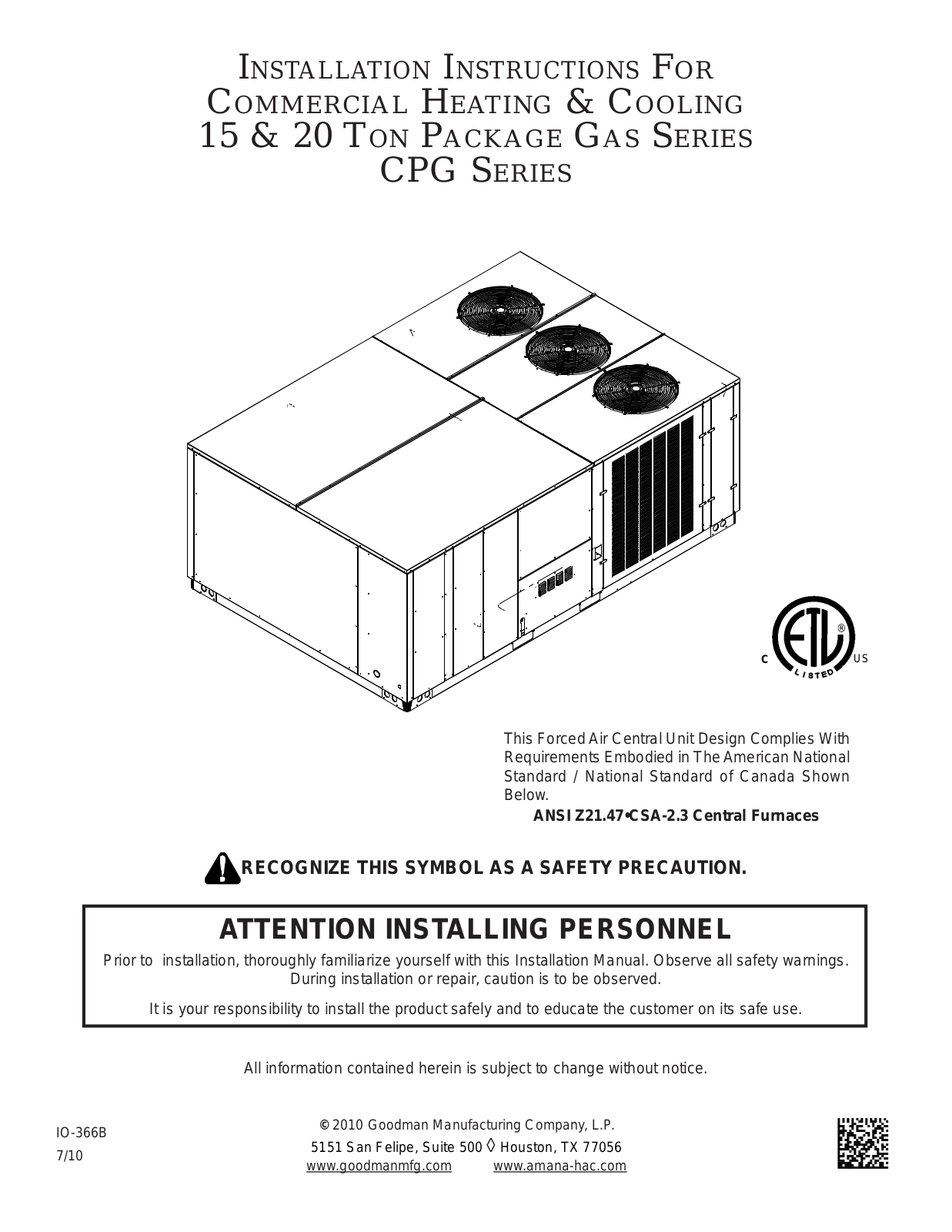 Goodman Mfg ANSI Z21.47CSA-2.3 User Manual