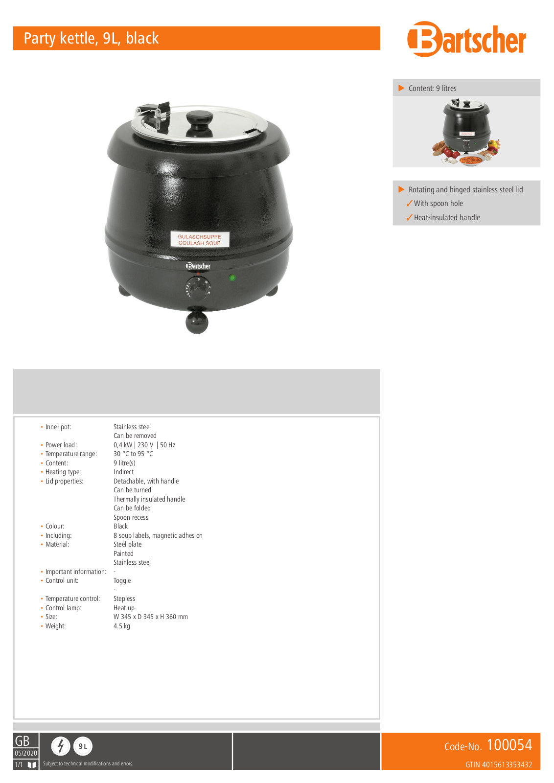 Bartscher 9l Technical data