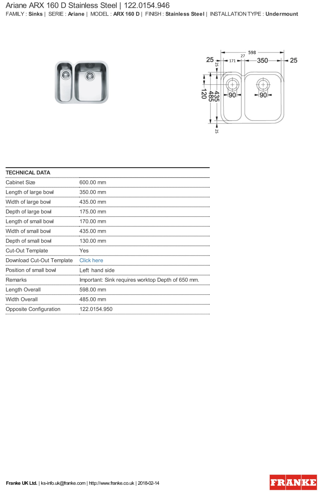 Franke ARX160DSBL Specifications Sheet