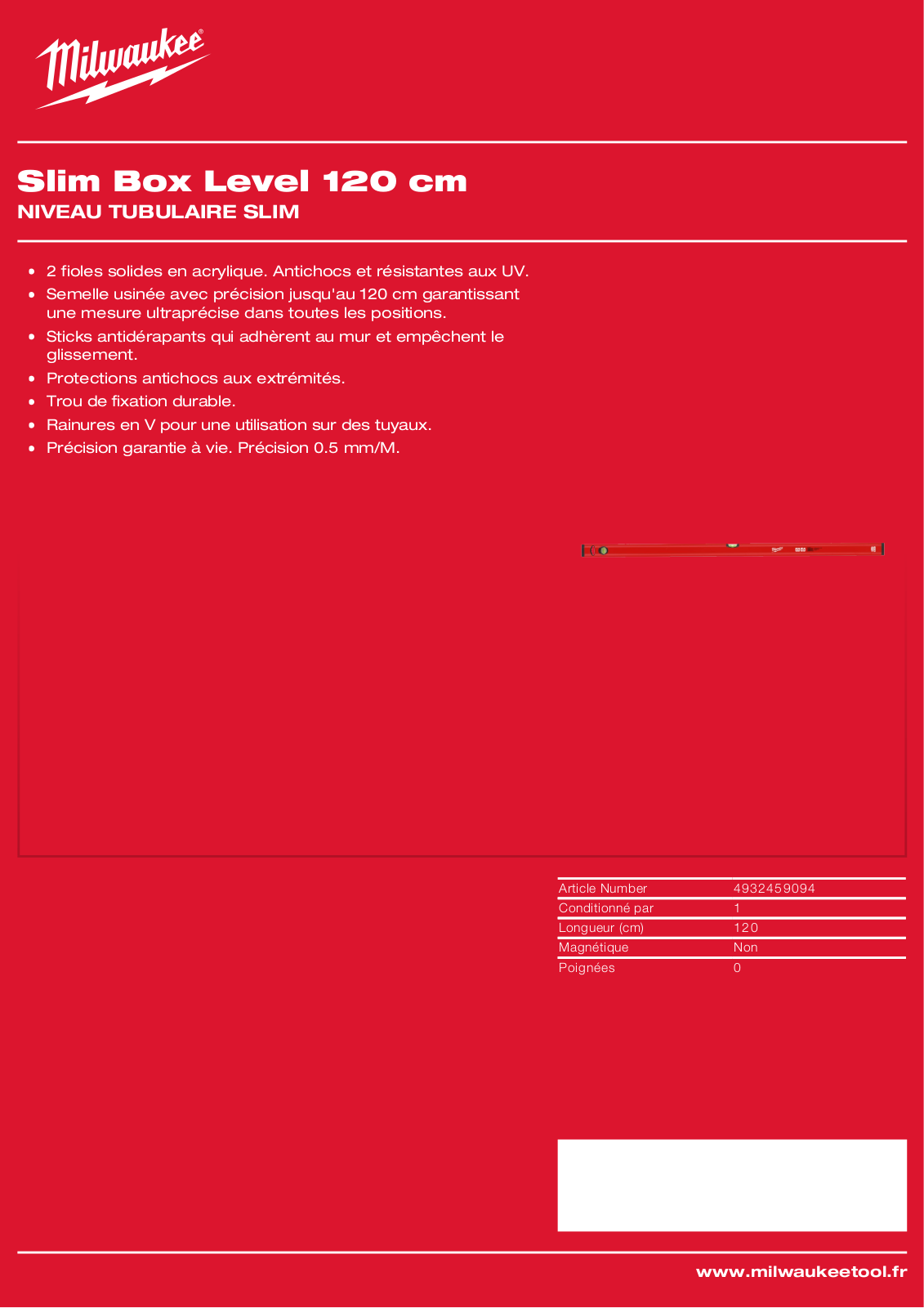 Milwaukee 4932459094, Slim Box Level 120 cm Specification - ManualMachine.com
