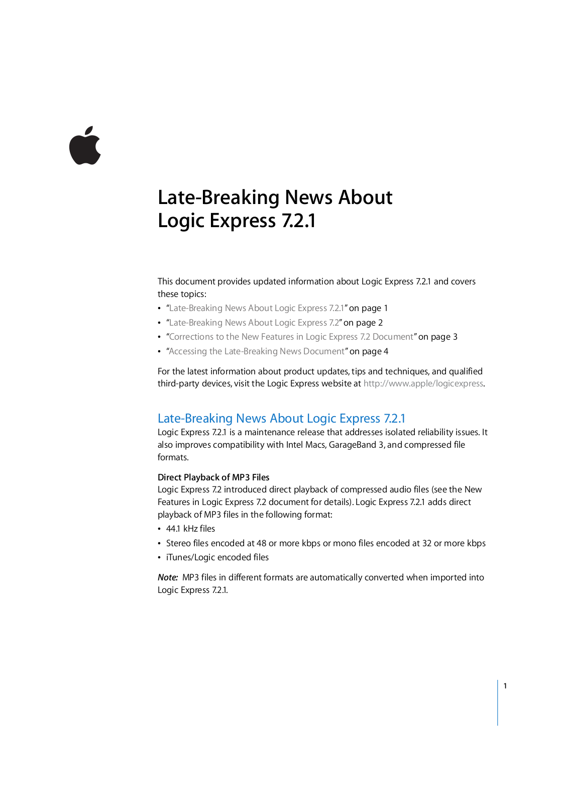 Apple LOGIC EXPRESS 7.2 Late-Breaking News