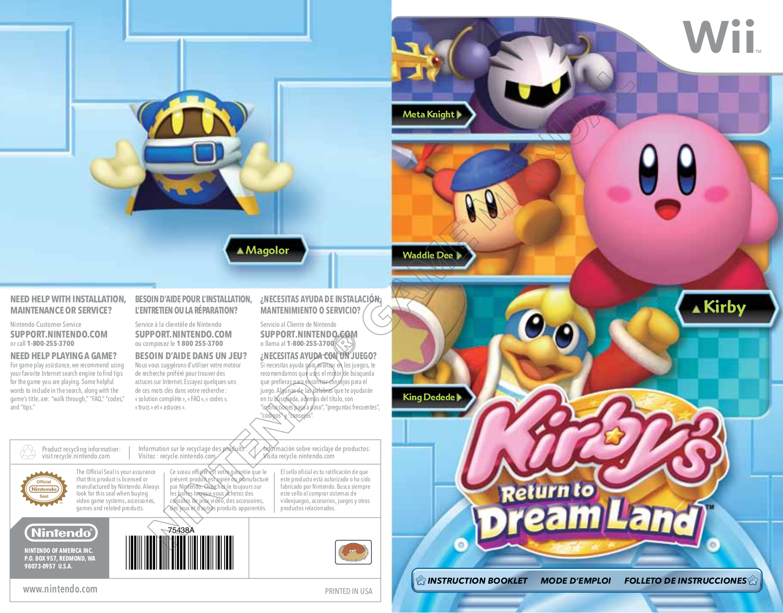 Kirby Return to Dreamland Instruction Manual