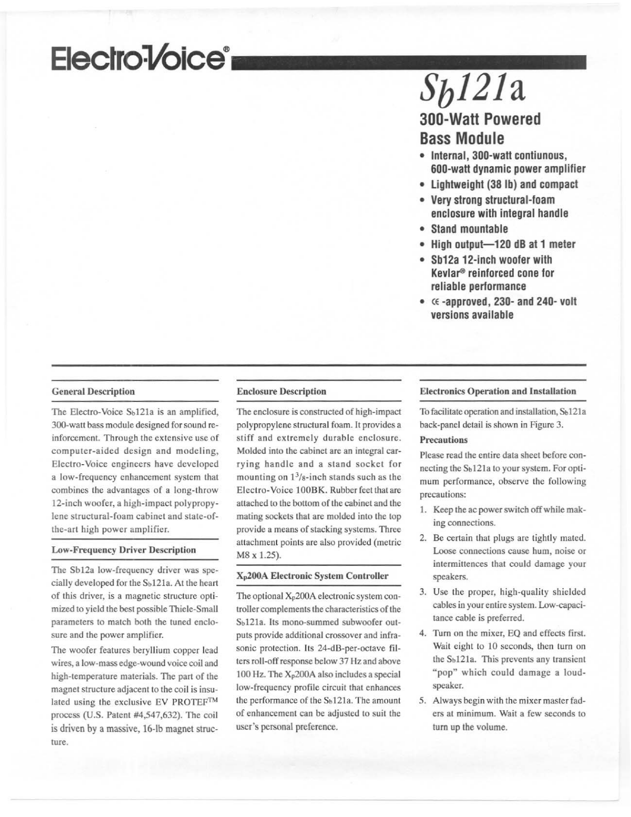 Electro-voice SB121A DATASHEET