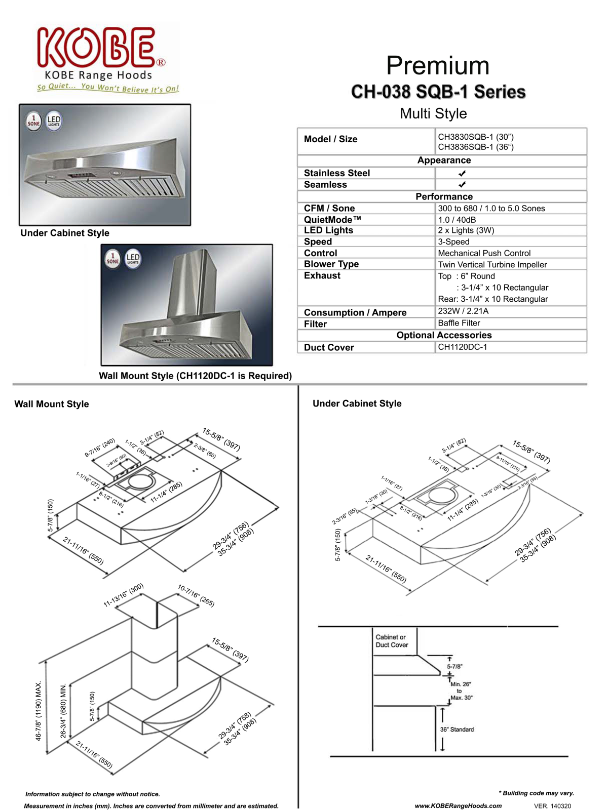 Kobe CH3830SQBD1 Specifications