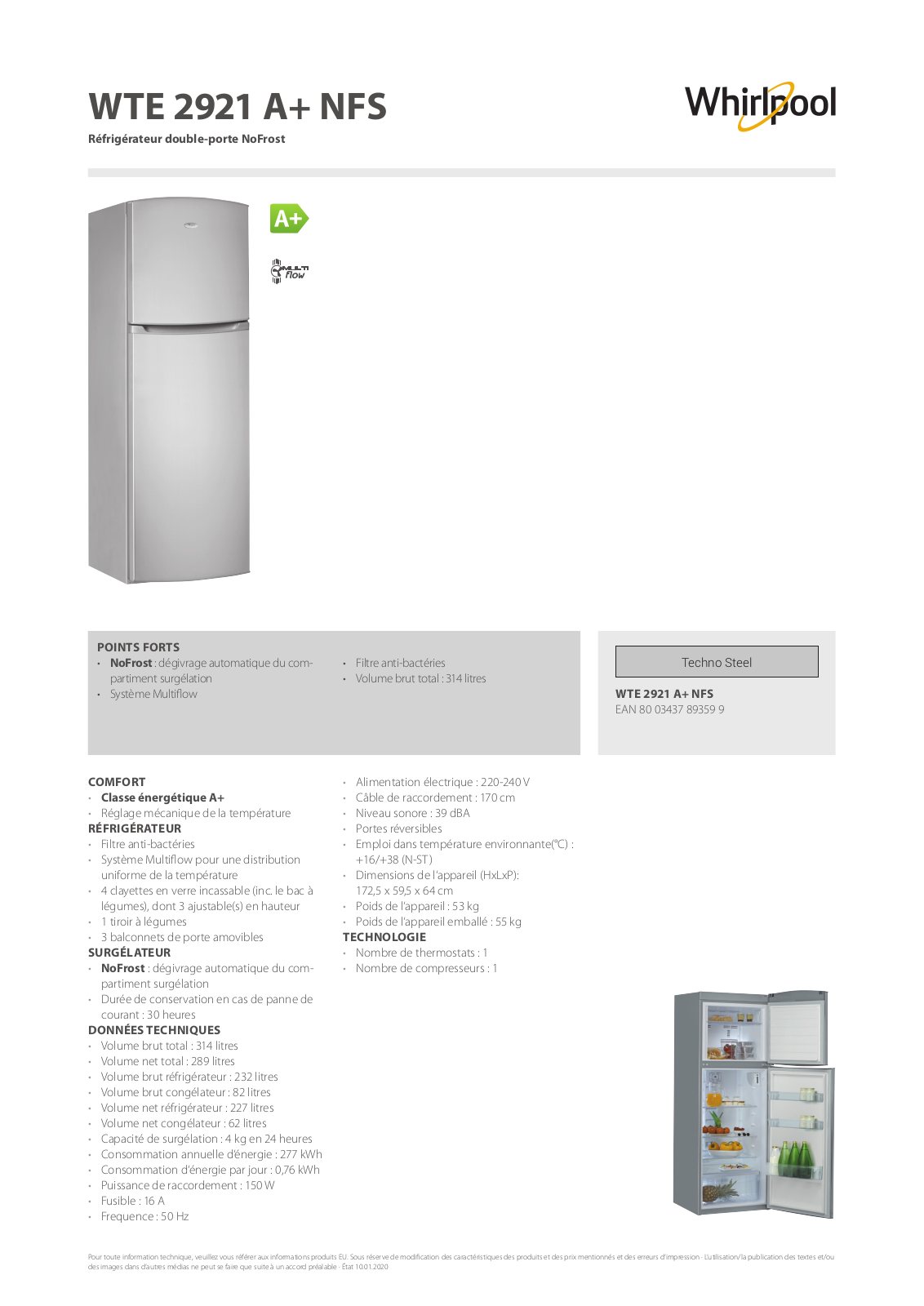 Whirlpool WTE2921 A+NFS Product information