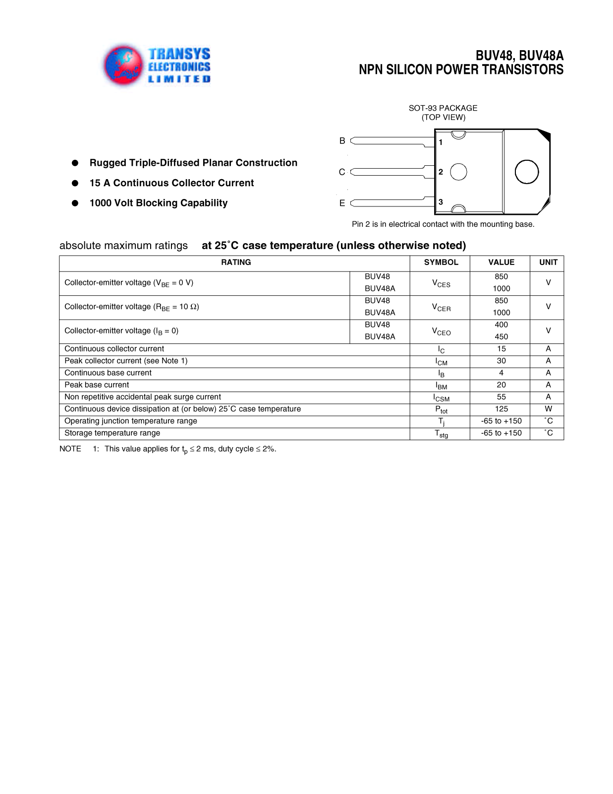 TEL BUV48, BUV48, BUV48A, BUV48A Datasheet