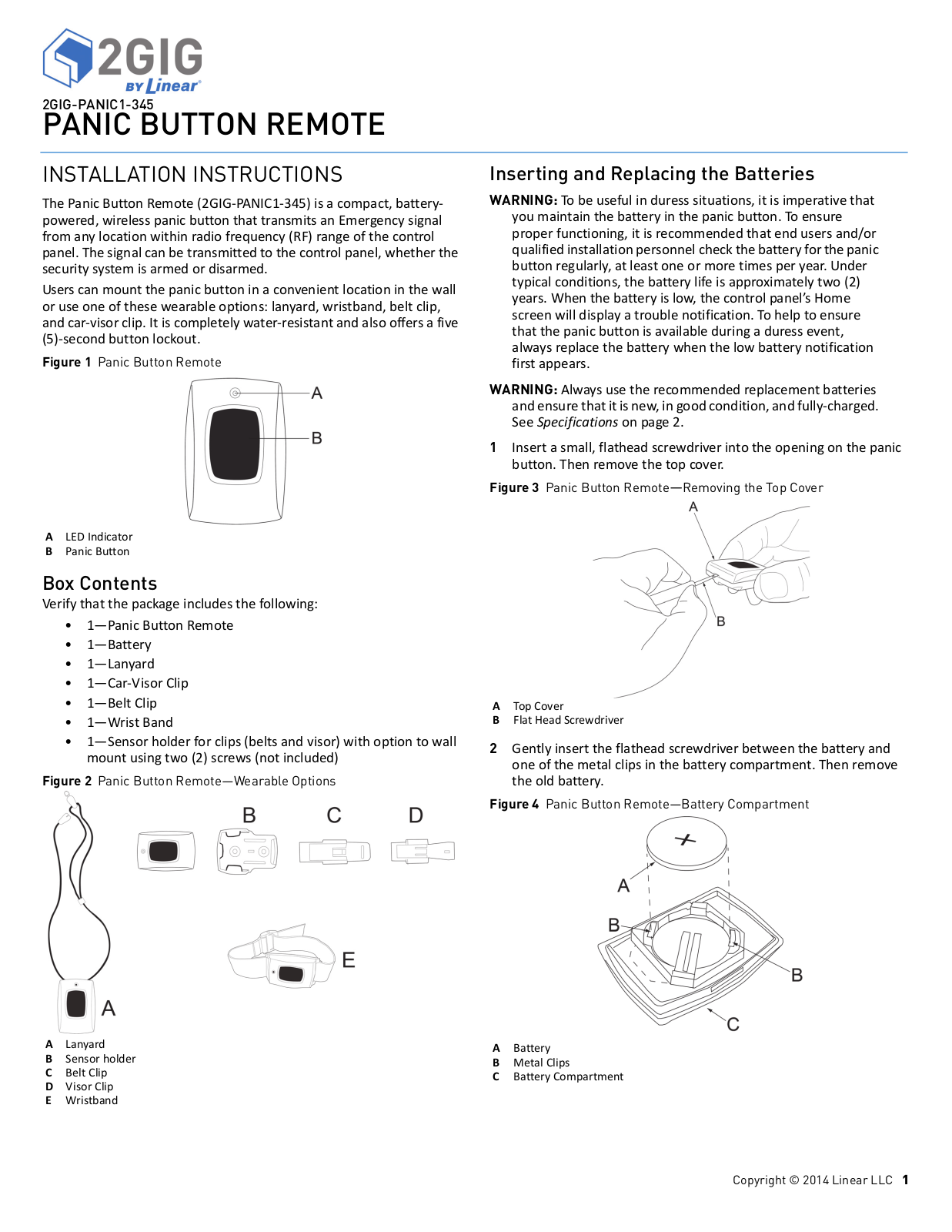 Linear 2GIG-PANIC1-345 User Manual