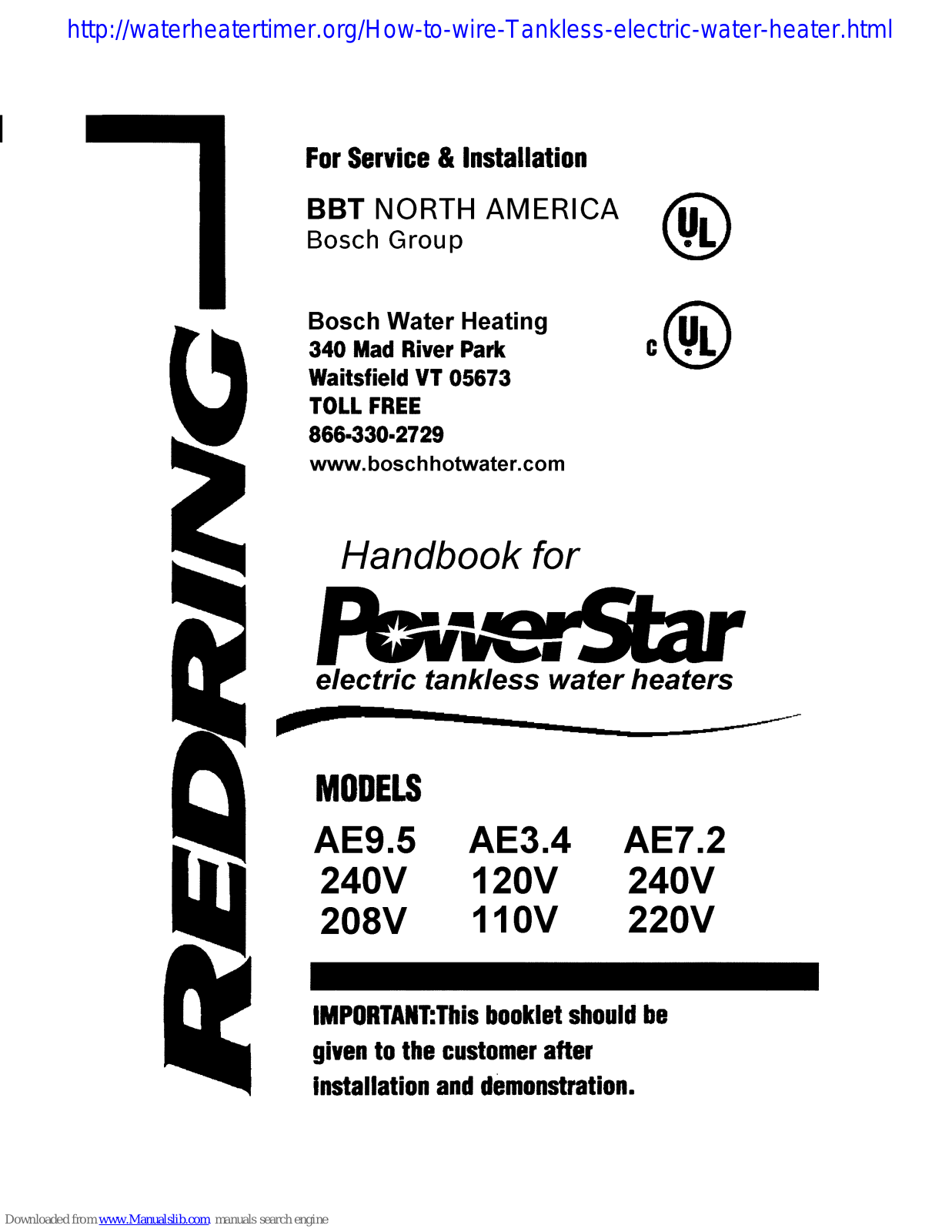 Redring PowerStar AE9.5 240V, PowerStar AE9.5 208V, PowerStar AE7.2 240V, PowerStar AE3.4 120V, PowerStar AE7.2 220V Handbook