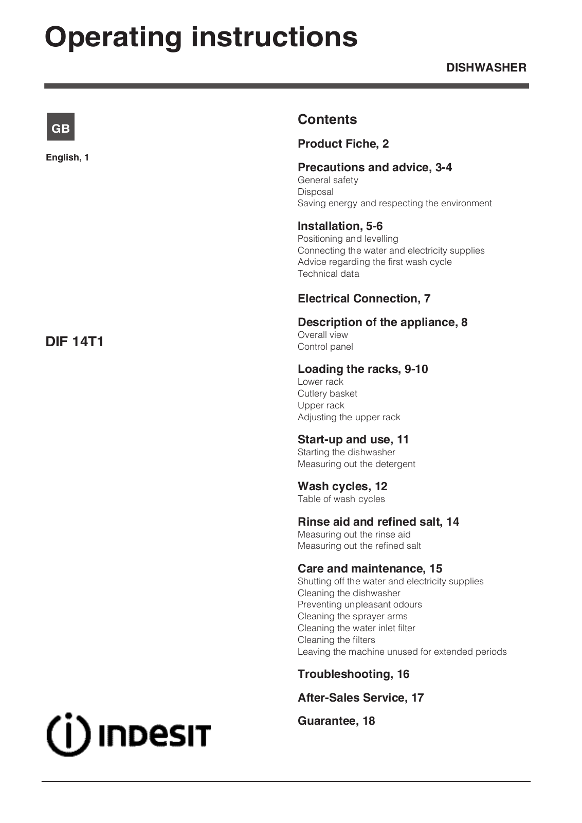 INDESIT DIF 14T1 UK User Manual