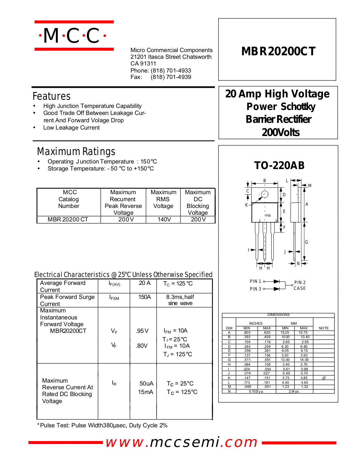 MCC MBR20200CT Datasheet